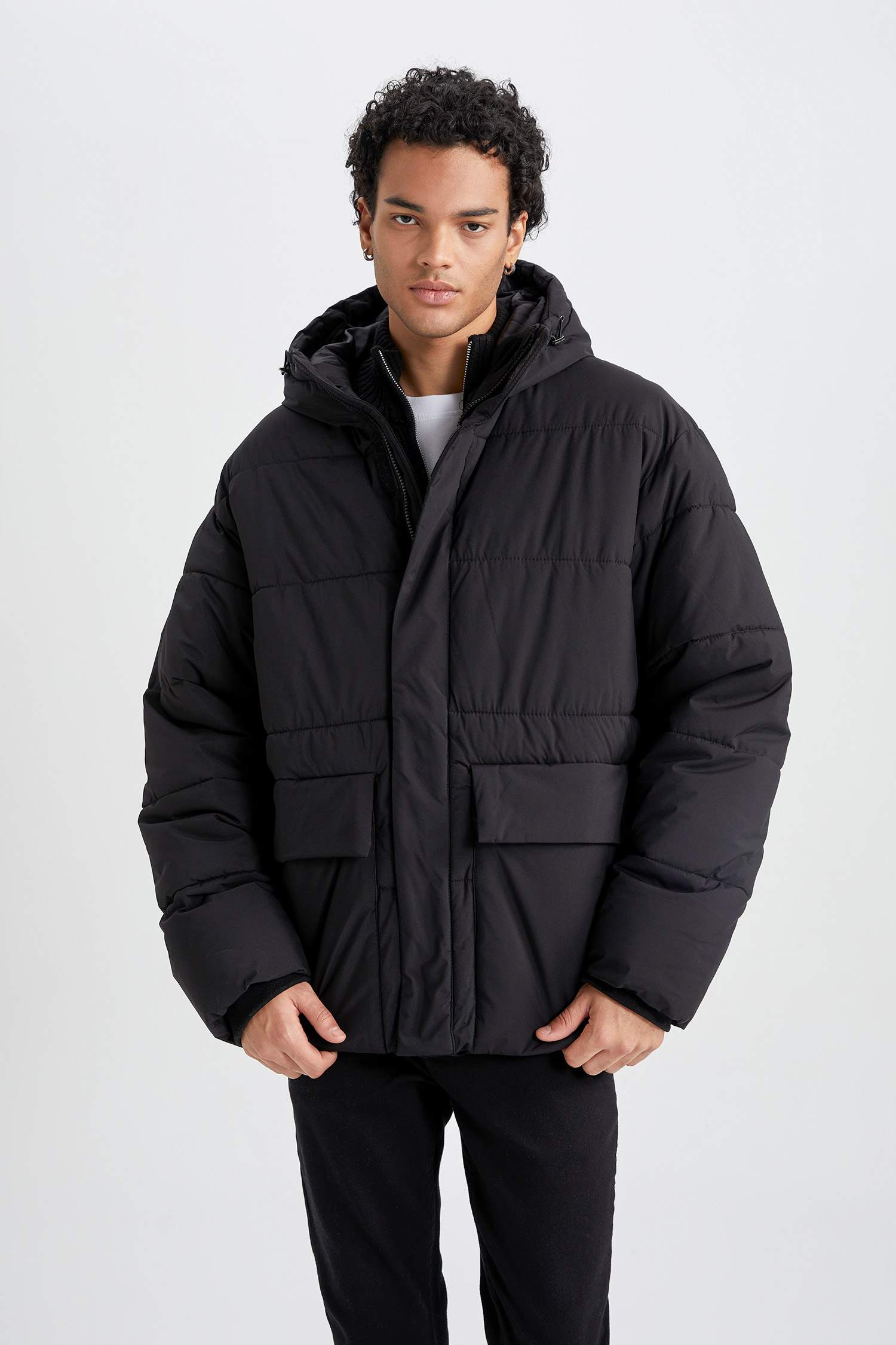 Şişme Mont Kapüşonlu Fermuarlı Çift Cepli