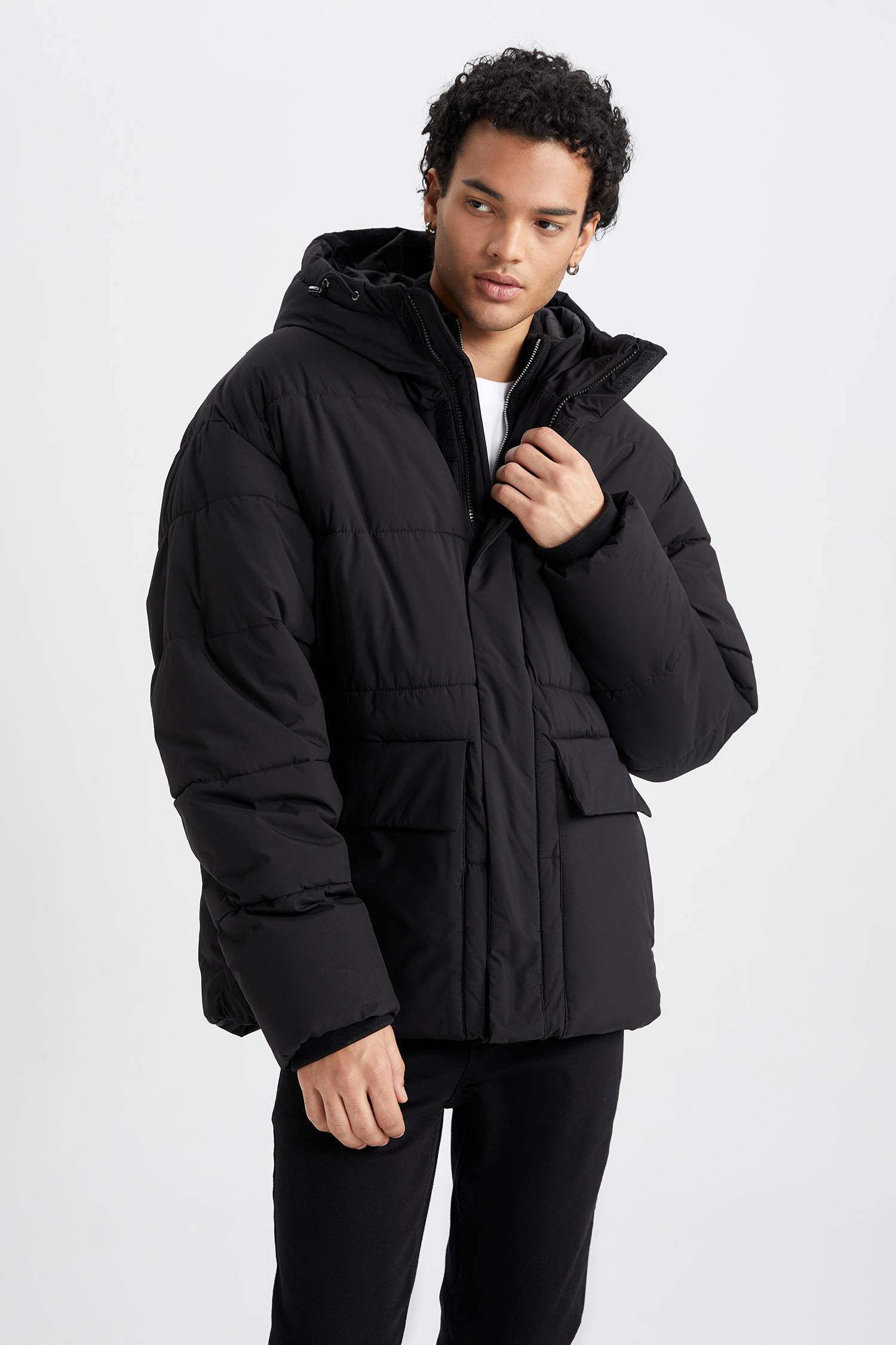 Şişme Mont Kapüşonlu Fermuarlı Çift Cepli