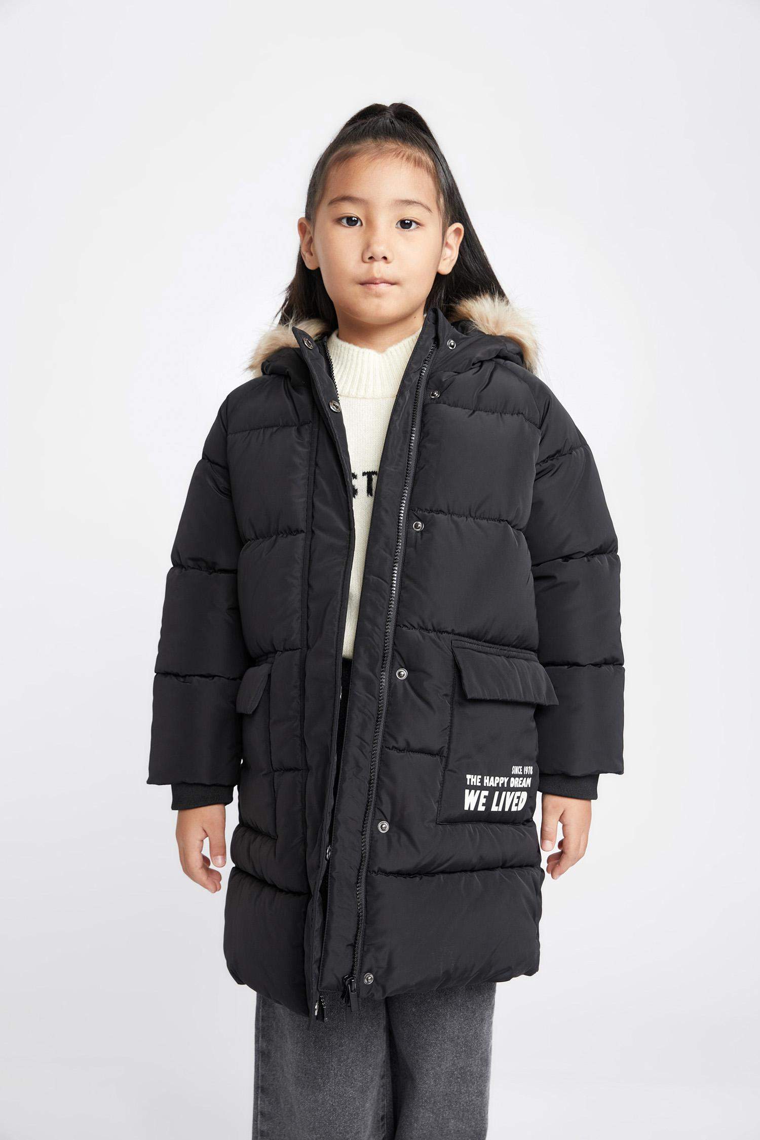 Kız Çocuk Su İtici Çıkarılabilir Kürklü Kapüşonlu Uzun Kaban