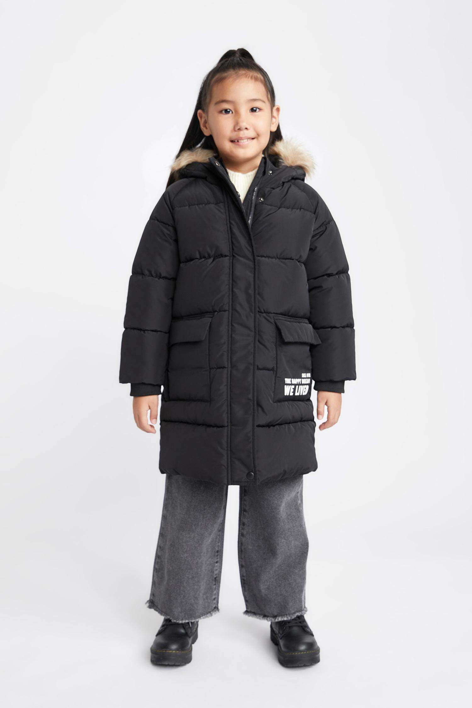 Kız Çocuk Su İtici Çıkarılabilir Kürklü Kapüşonlu Uzun Kaban