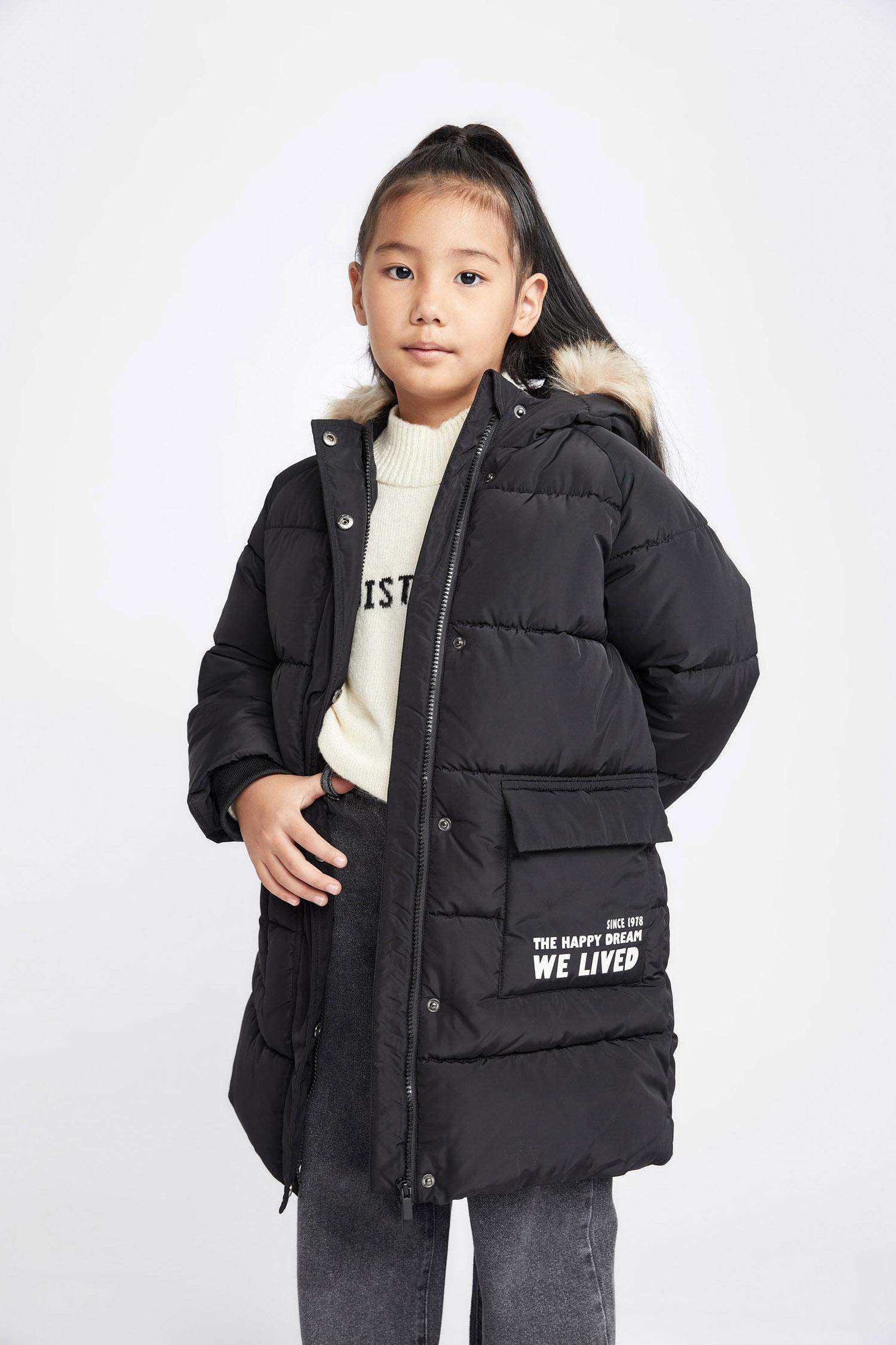 Kız Çocuk Su İtici Çıkarılabilir Kürklü Kapüşonlu Uzun Kaban