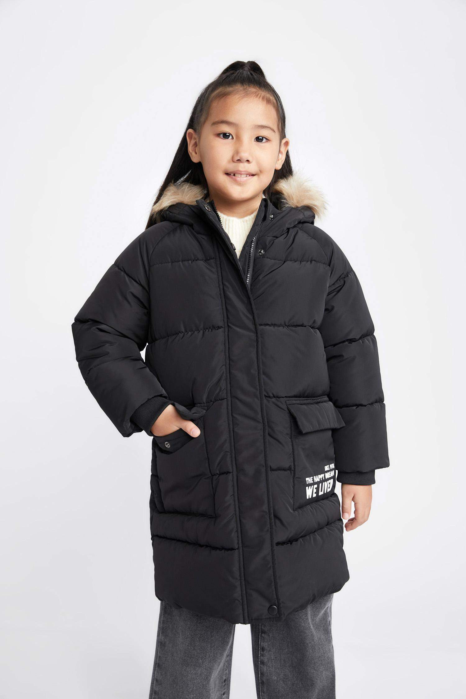 Kız Çocuk Su İtici Çıkarılabilir Kürklü Kapüşonlu Uzun Kaban