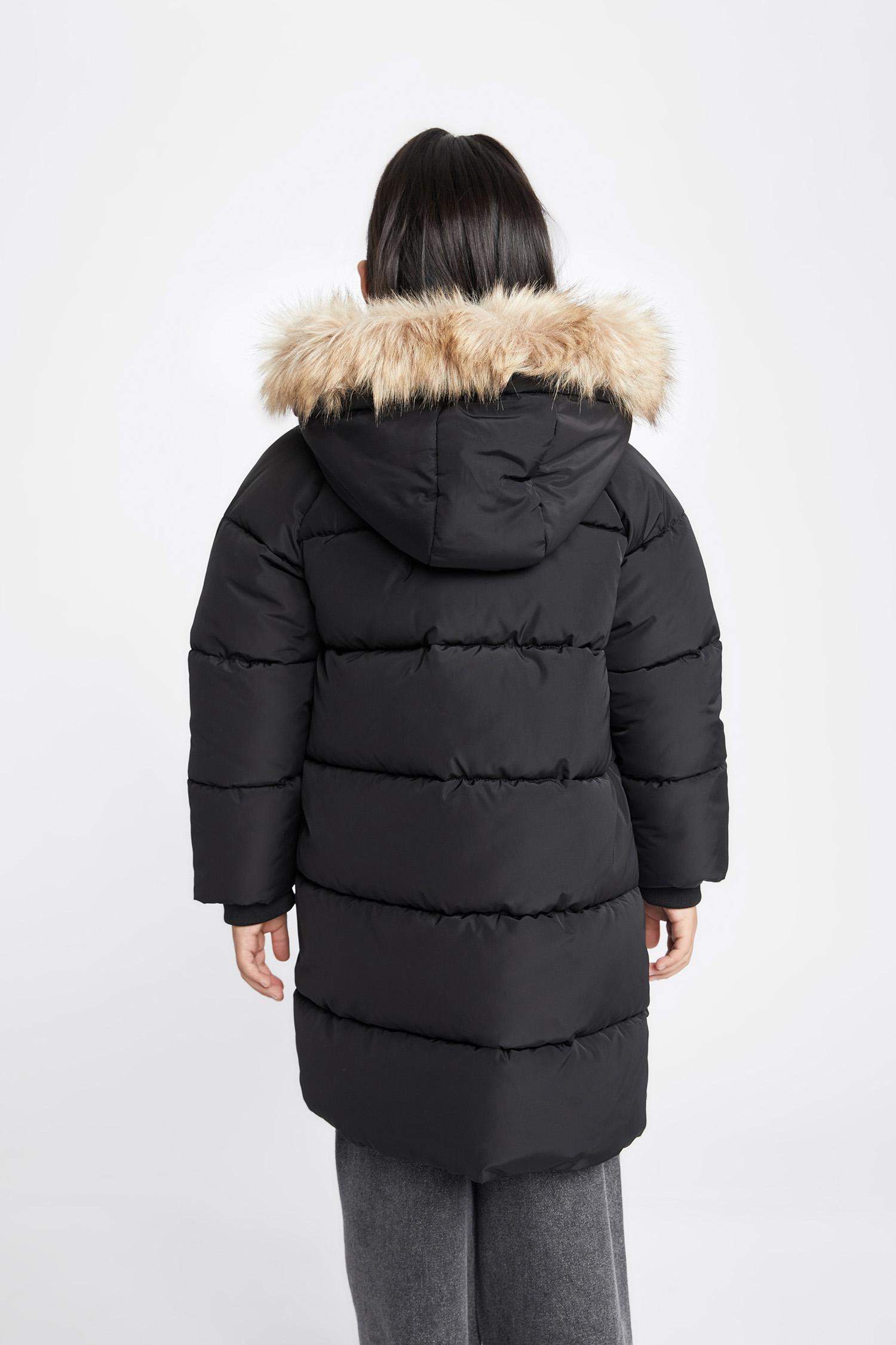 Kız Çocuk Su İtici Çıkarılabilir Kürklü Kapüşonlu Uzun Kaban