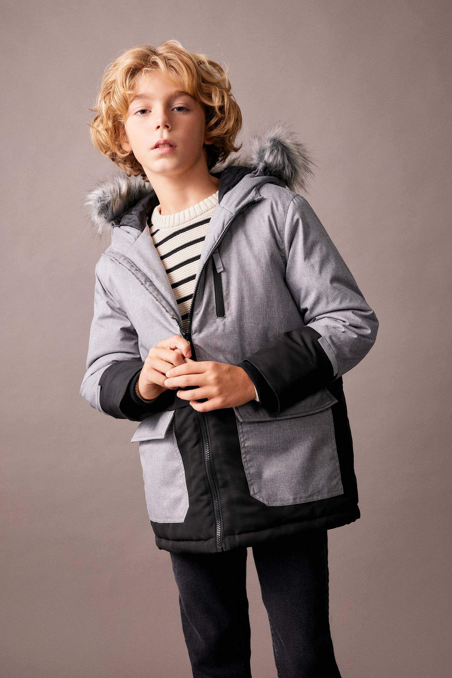 Boy Waterproof Removable Fur Hooded Plush Lining Jacket