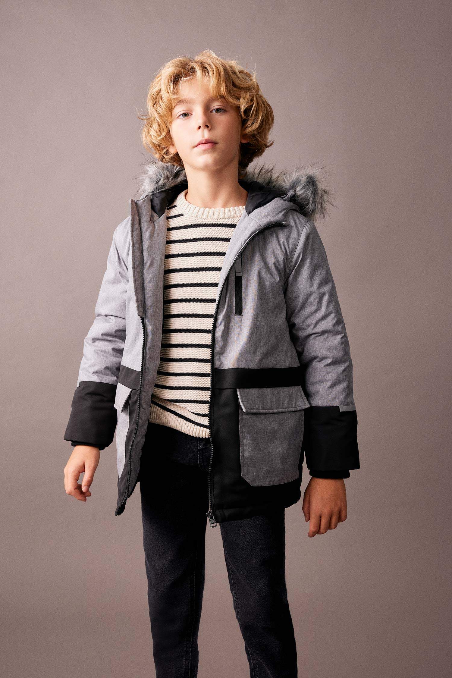 Boy Waterproof Removable Fur Hooded Plush Lining Jacket