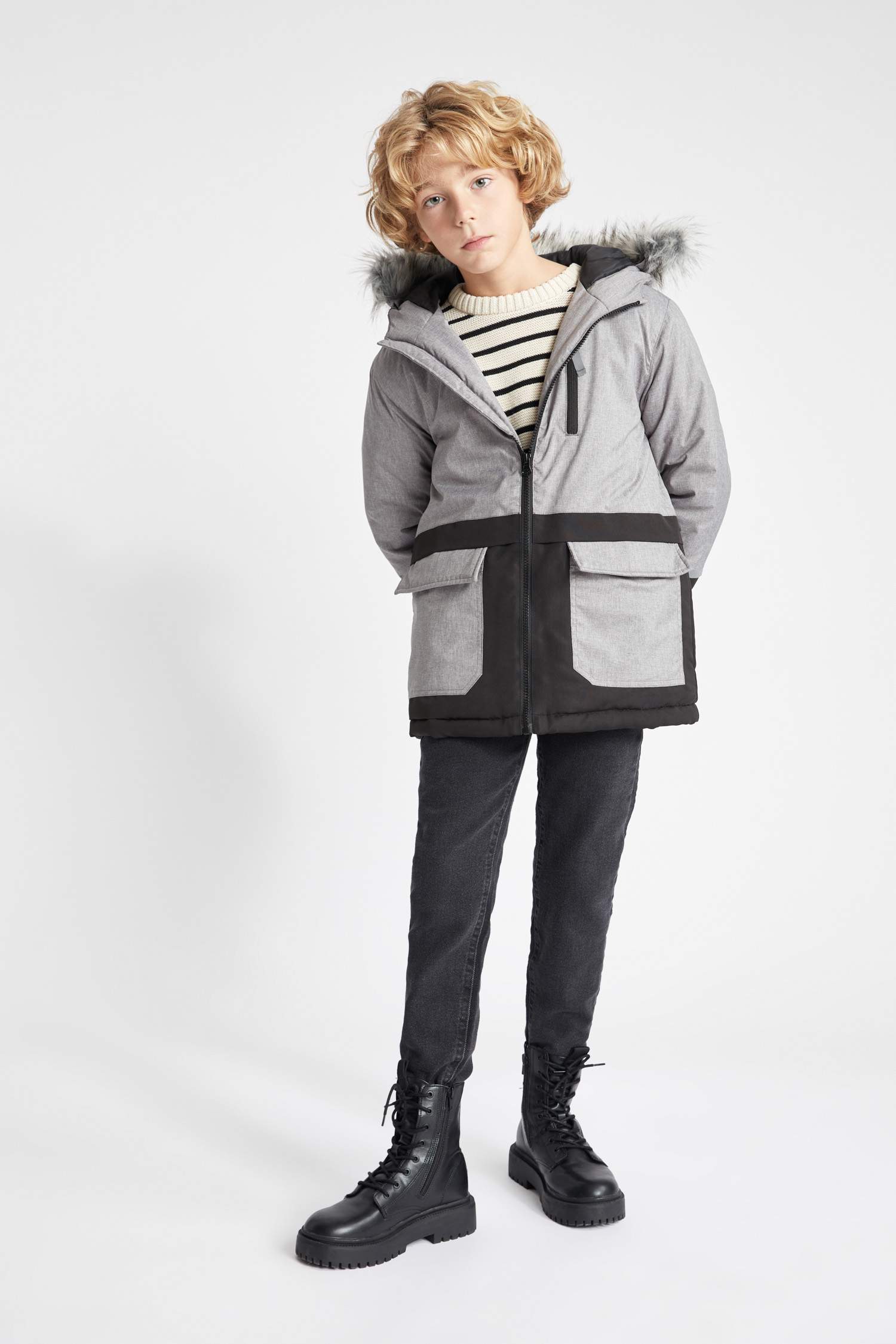 Boy Waterproof Removable Fur Hooded Plush Lining Jacket