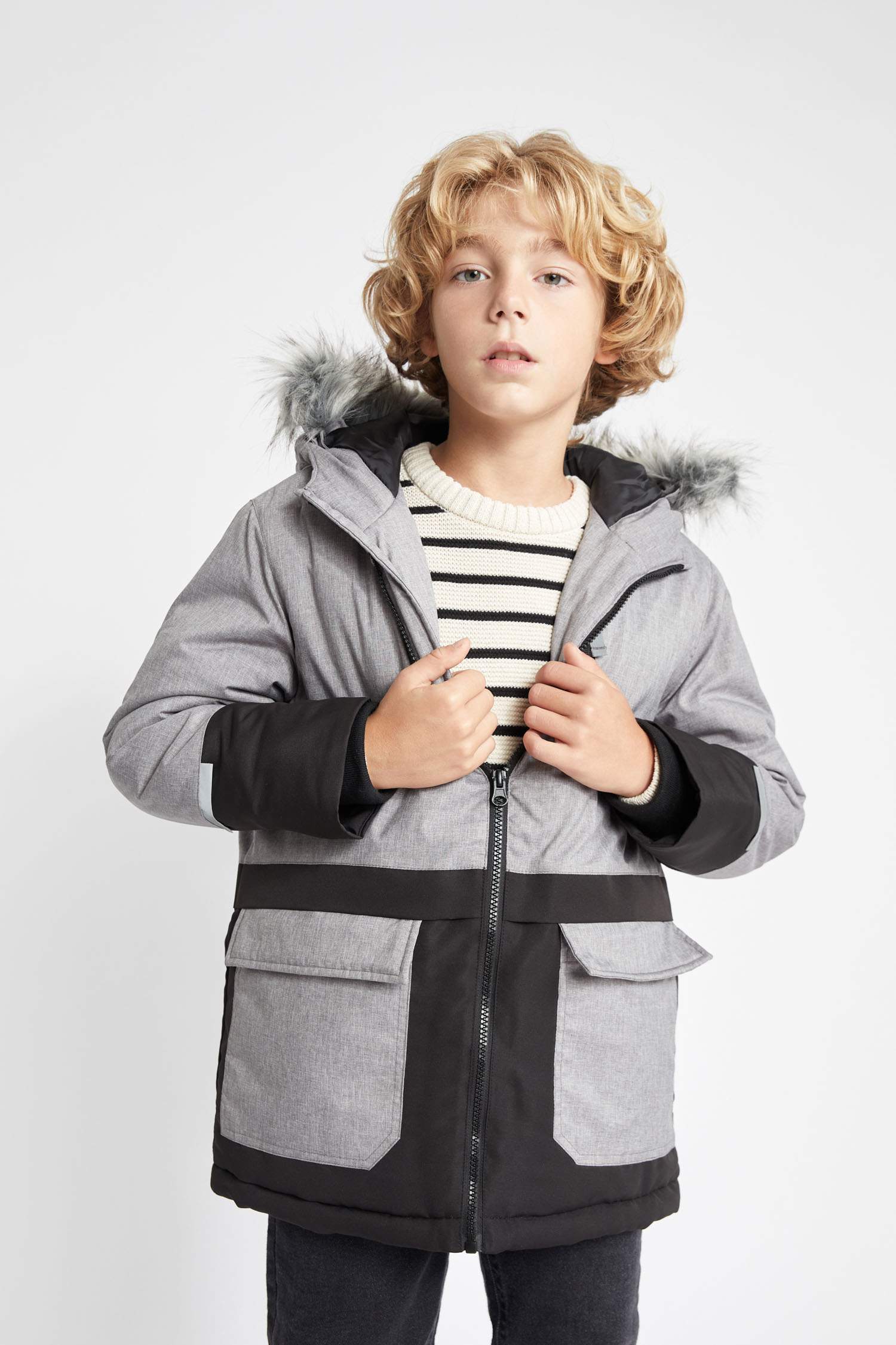 Boy Waterproof Removable Fur Hooded Plush Lining Jacket