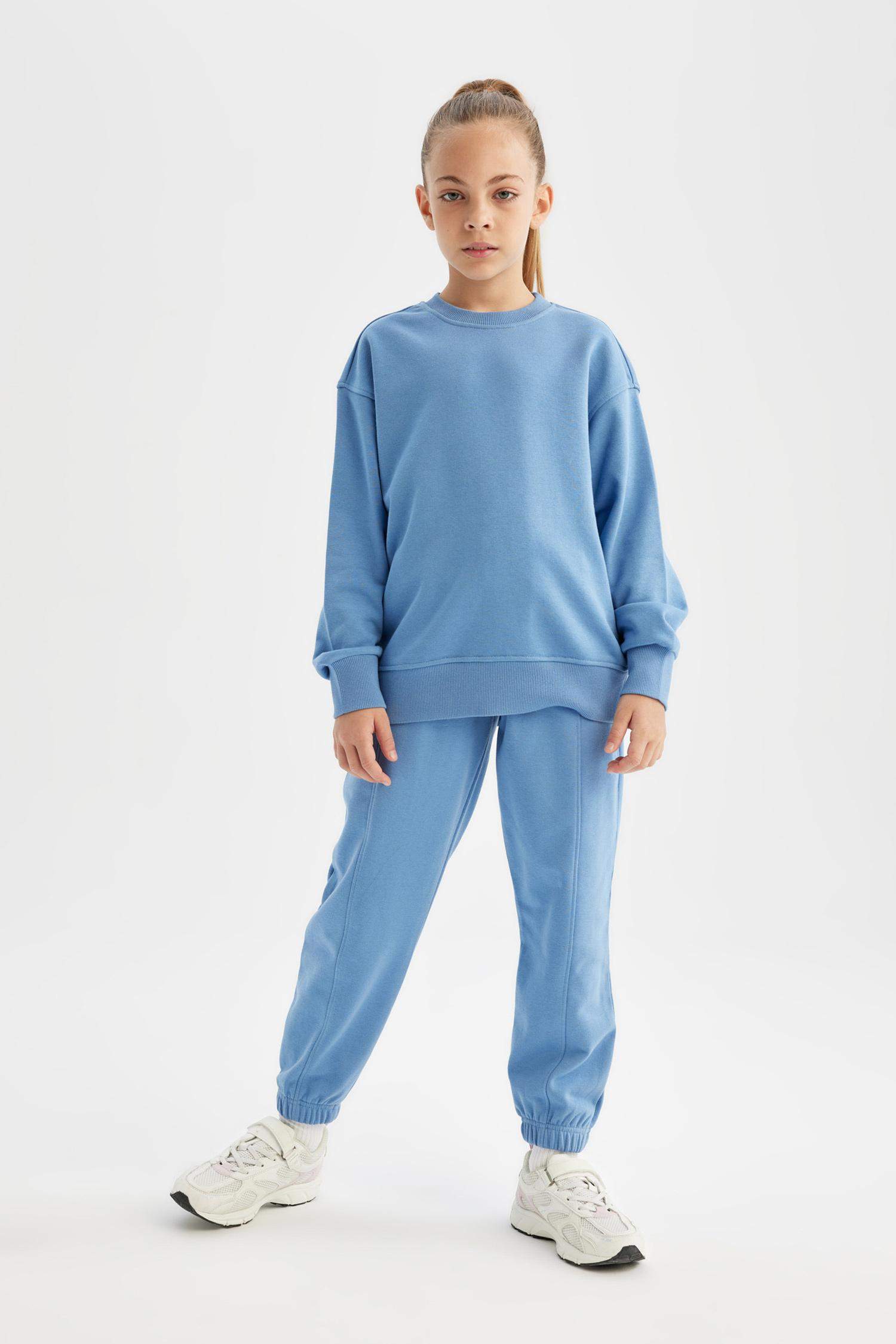 Kız Çocuk Relax Fit Bisiklet Yaka Pamuklu Basic Düz Okul Sweatshirt