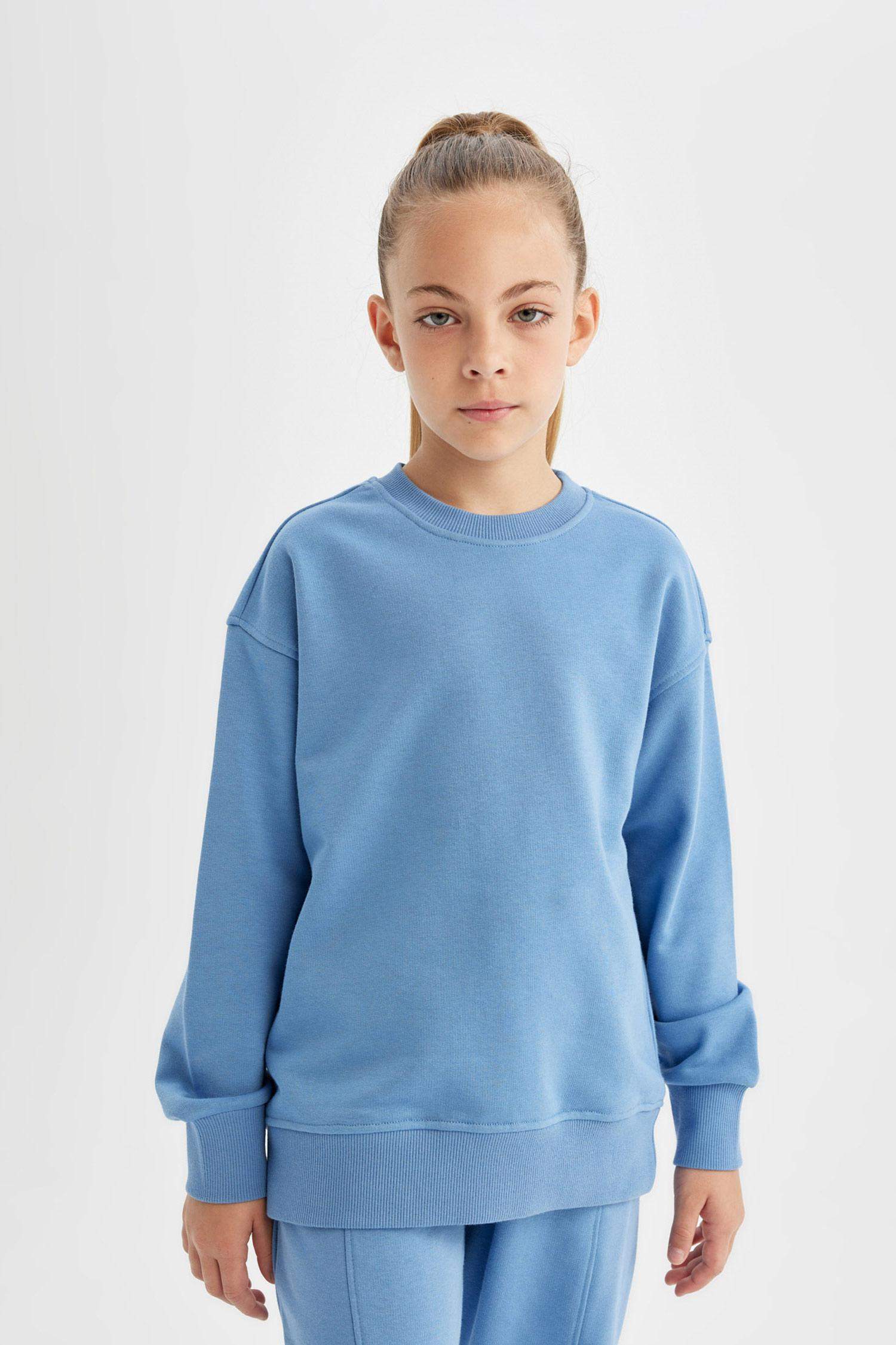 Kız Çocuk Relax Fit Bisiklet Yaka Pamuklu Basic Düz Okul Sweatshirt