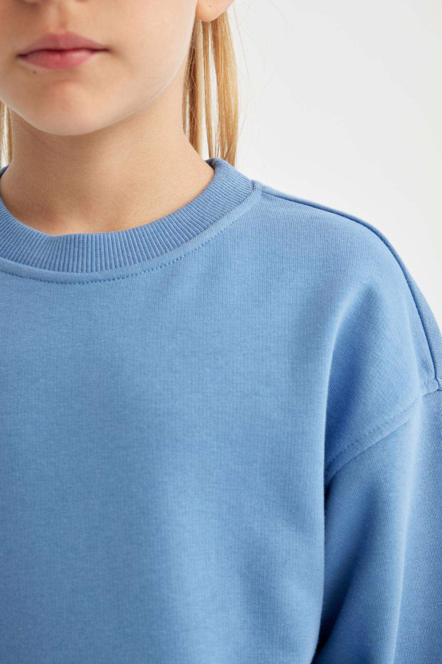 Kız Çocuk Relax Fit Bisiklet Yaka Pamuklu Basic Düz Okul Sweatshirt