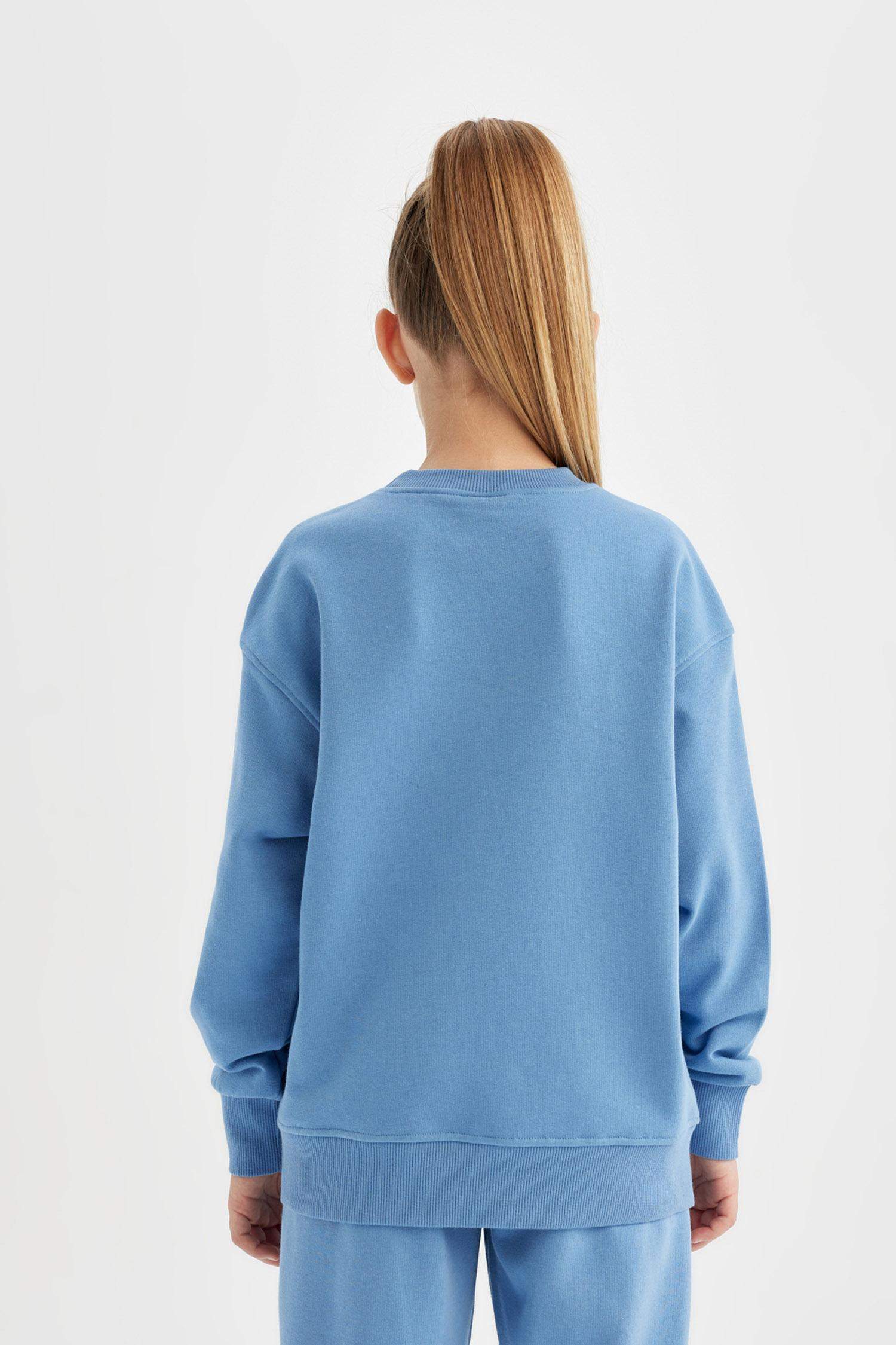 Kız Çocuk Relax Fit Bisiklet Yaka Pamuklu Basic Düz Okul Sweatshirt