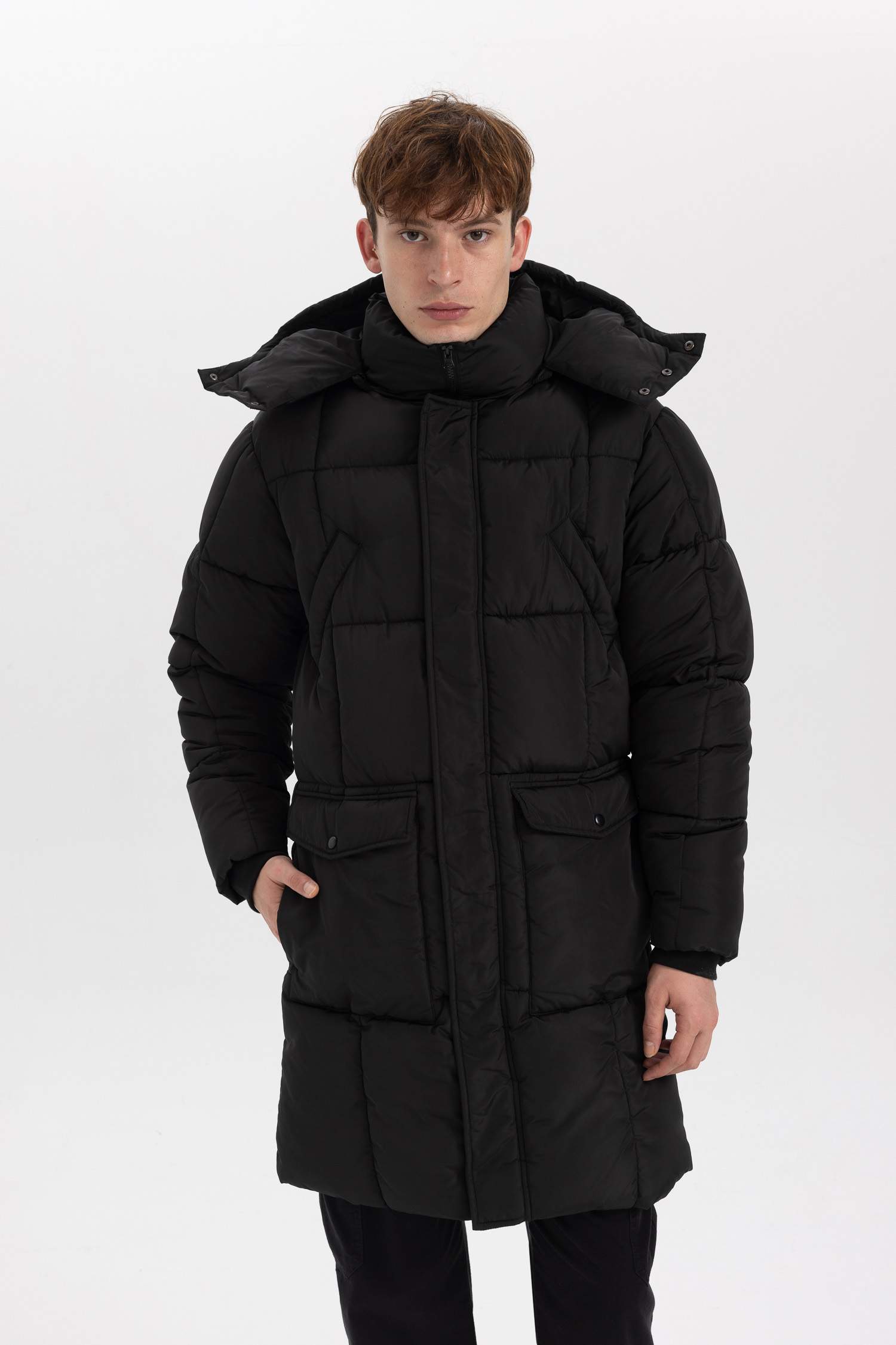 Su İtici Regular Fit Kapüşonlu Fermuarlı Cepli Şişme Mont Parka