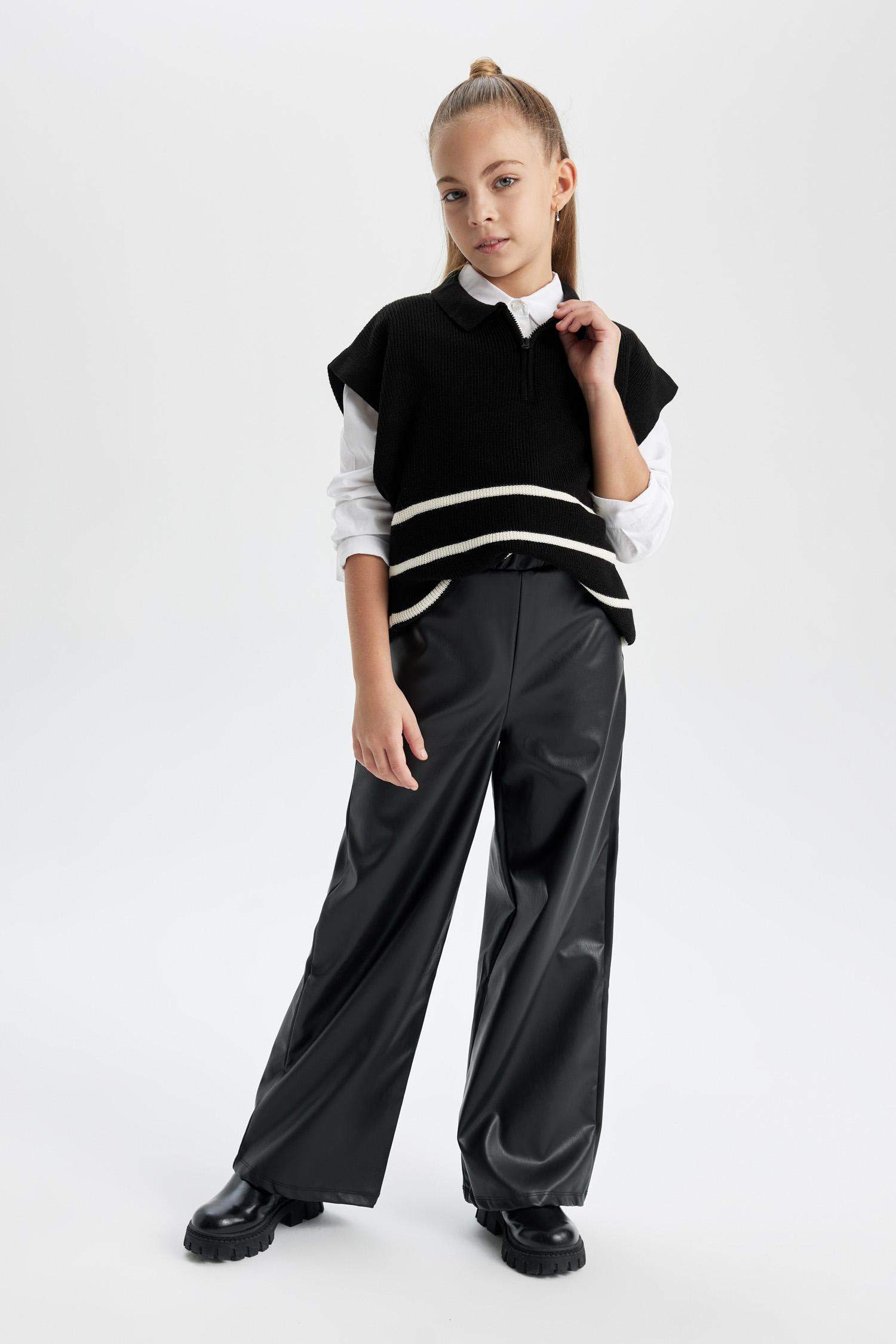 Kız Çocuk Dik Yaka Fermuarlı Çizgili Triko Süveter