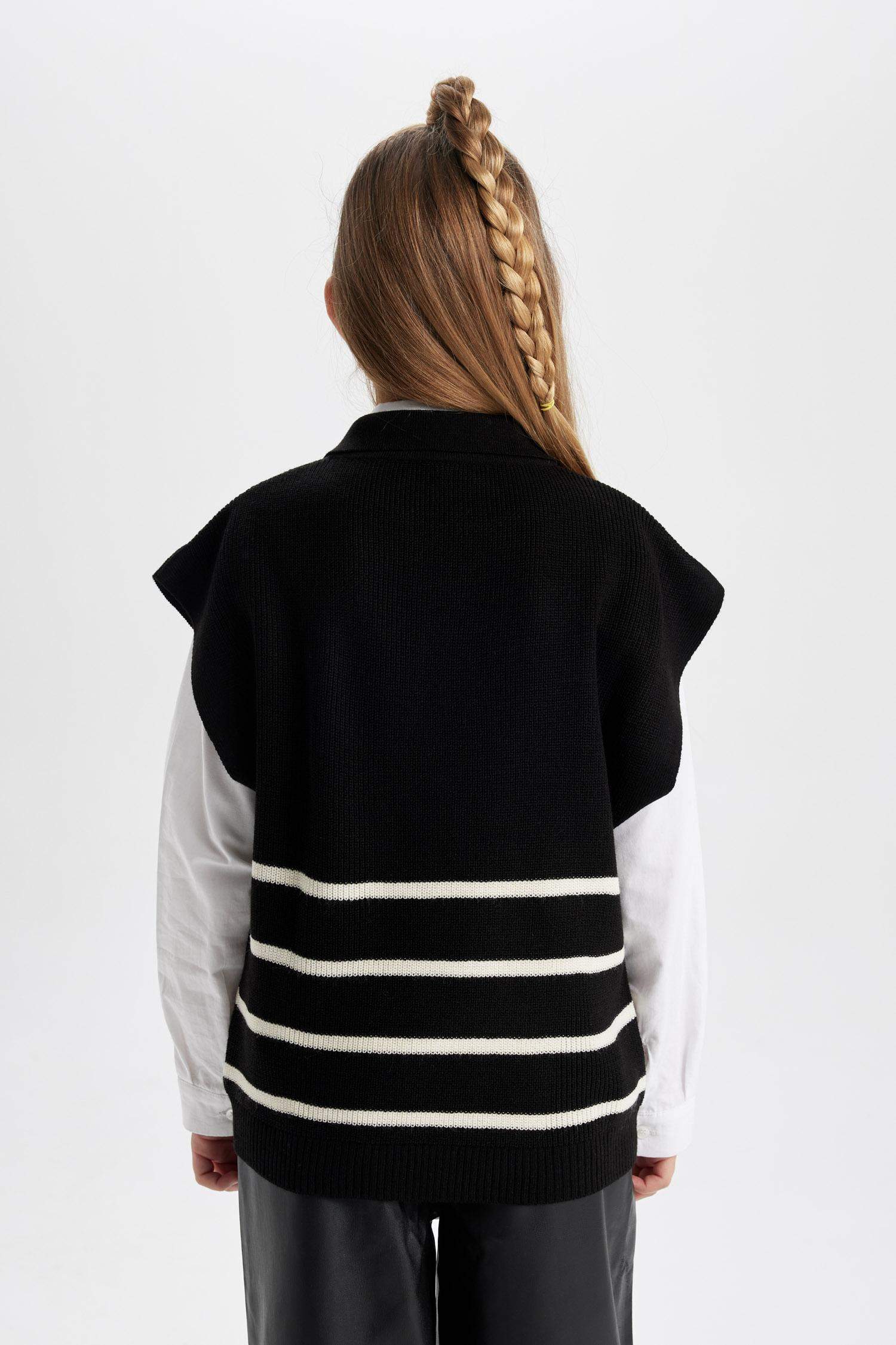 Kız Çocuk Dik Yaka Fermuarlı Çizgili Triko Süveter