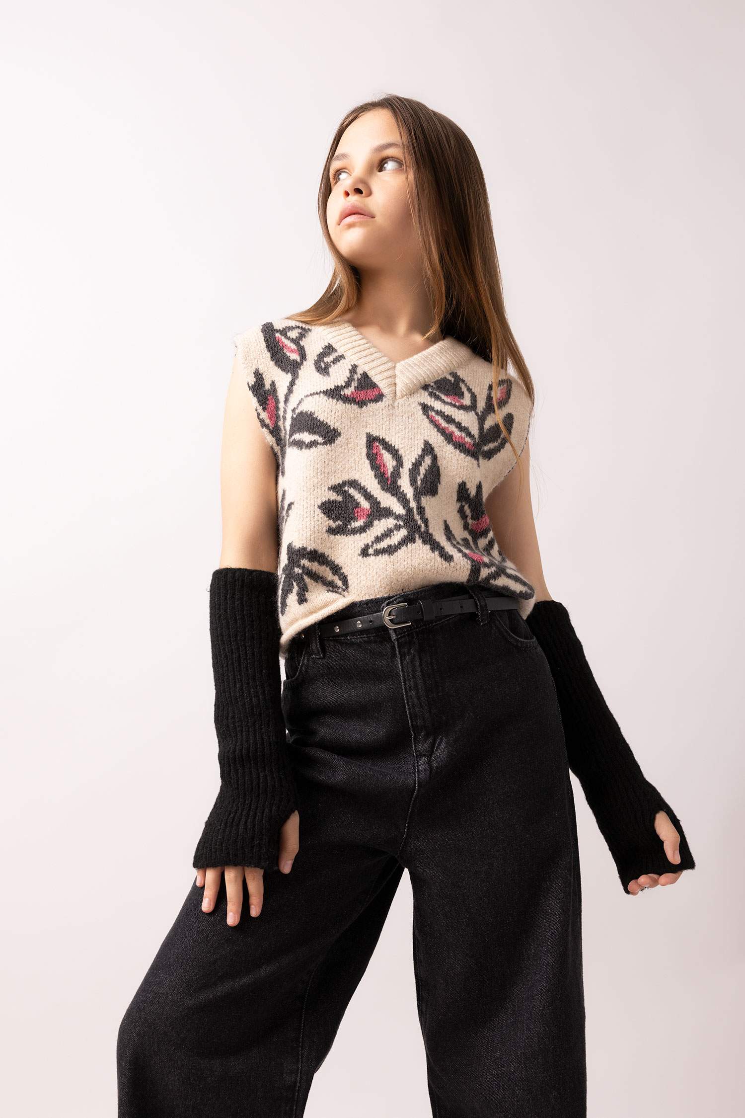 Kız Çocuk Desenli Triko Süveter