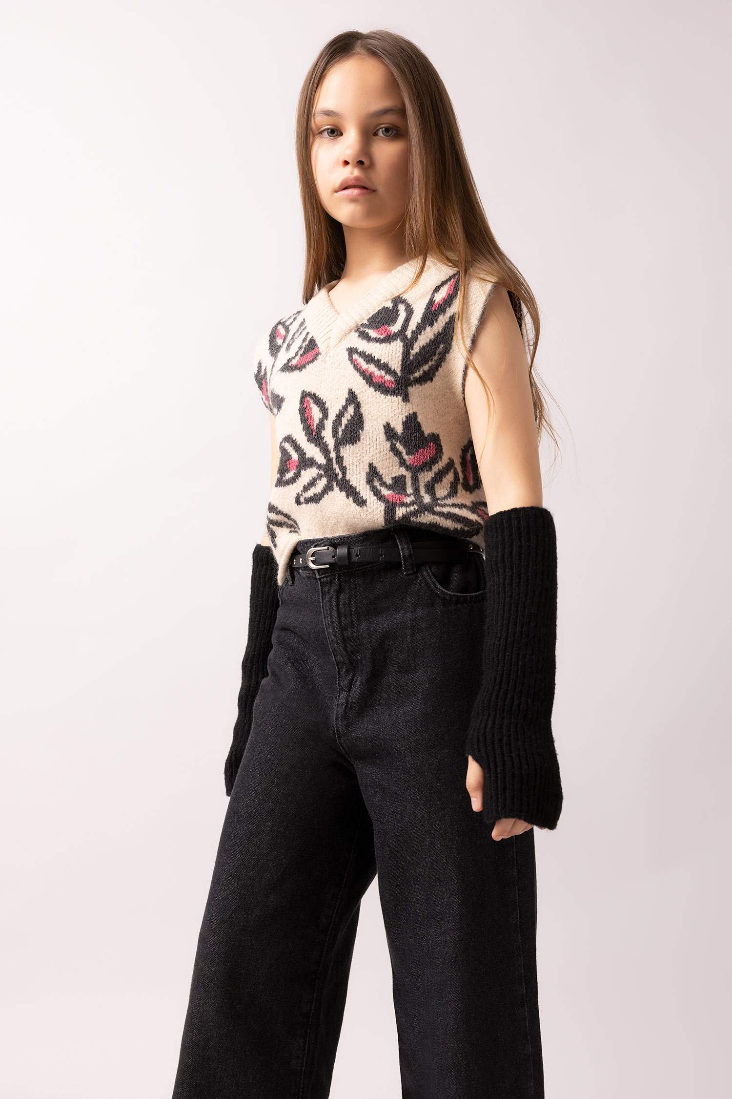 Kız Çocuk Desenli Triko Süveter