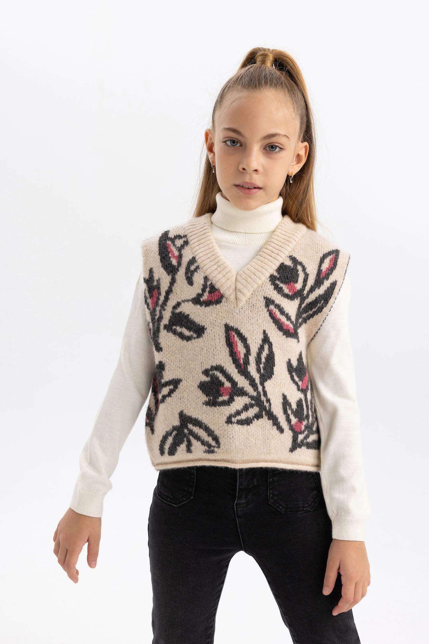 Kız Çocuk Desenli Triko Süveter
