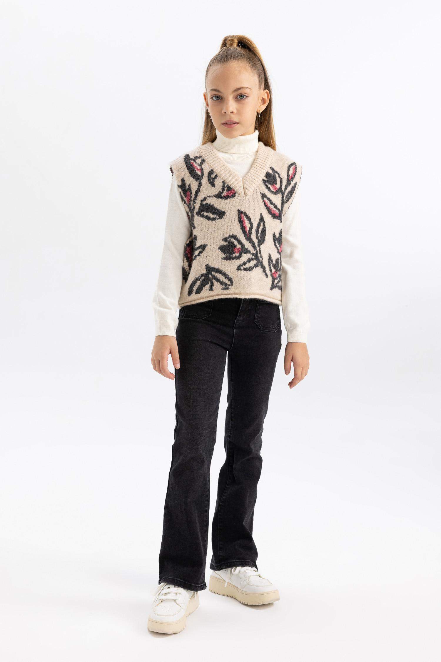 Kız Çocuk Desenli Triko Süveter