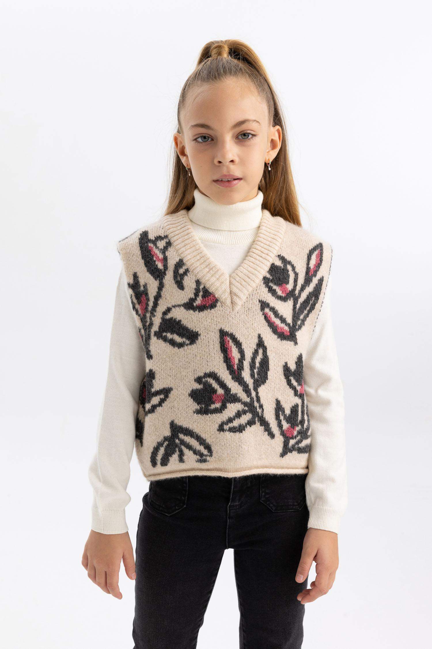 Kız Çocuk Desenli Triko Süveter
