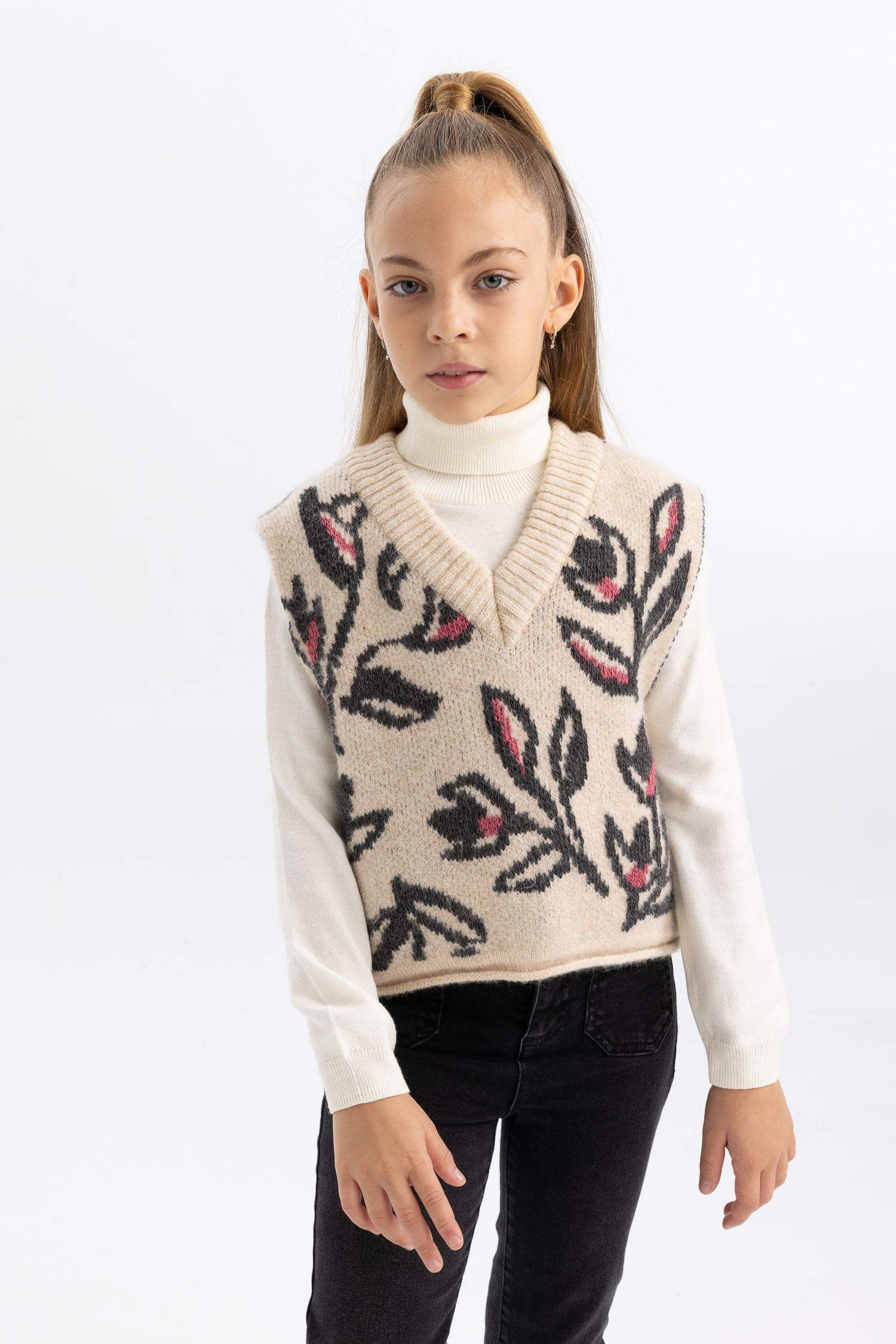 Kız Çocuk Desenli Triko Süveter