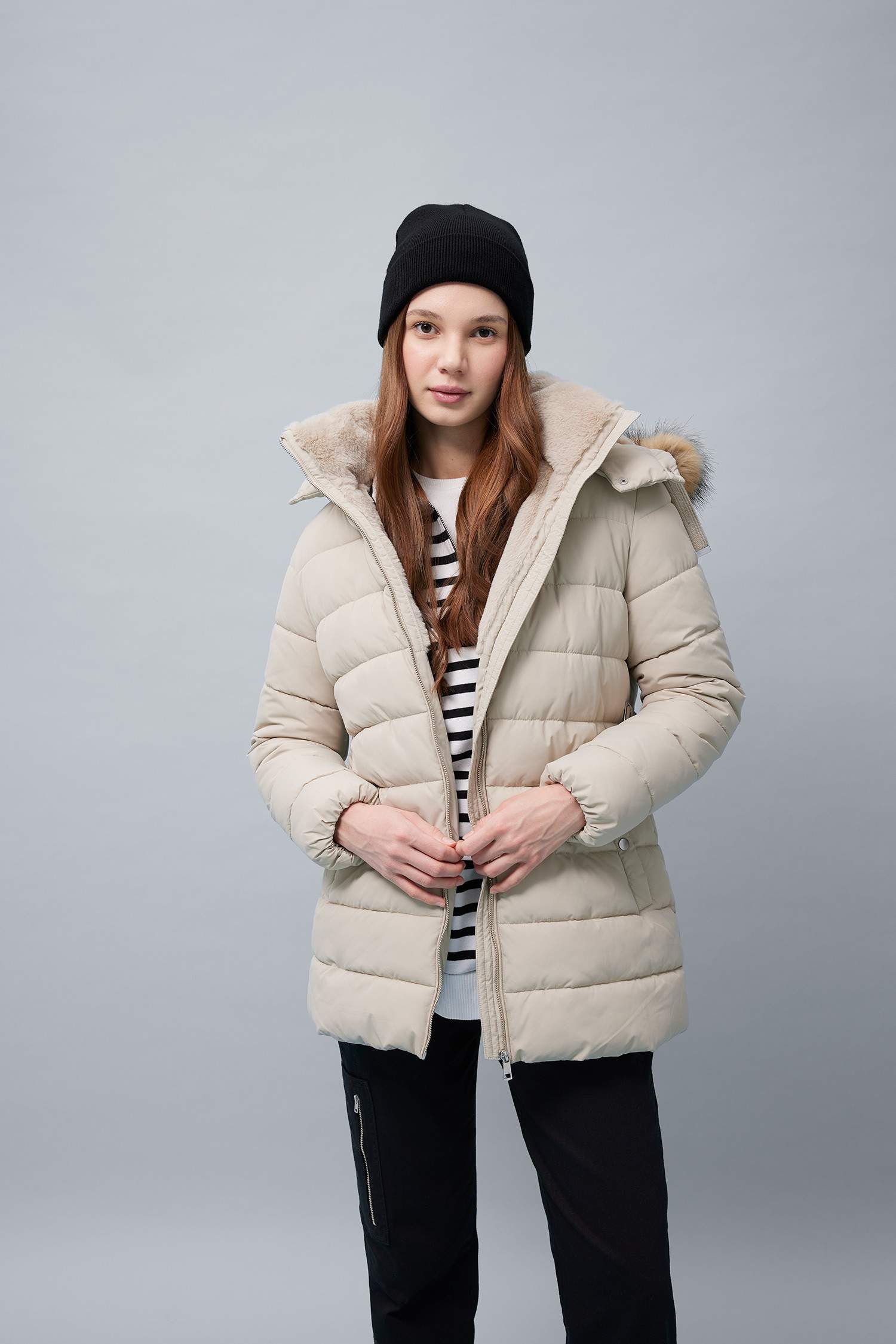 Su İtici Puffer Şişme Mont Rüzgar Geçirmez Kapüşonlu İçi Suni Kürklü Kapitoneli Kemerli Hafif Uzun