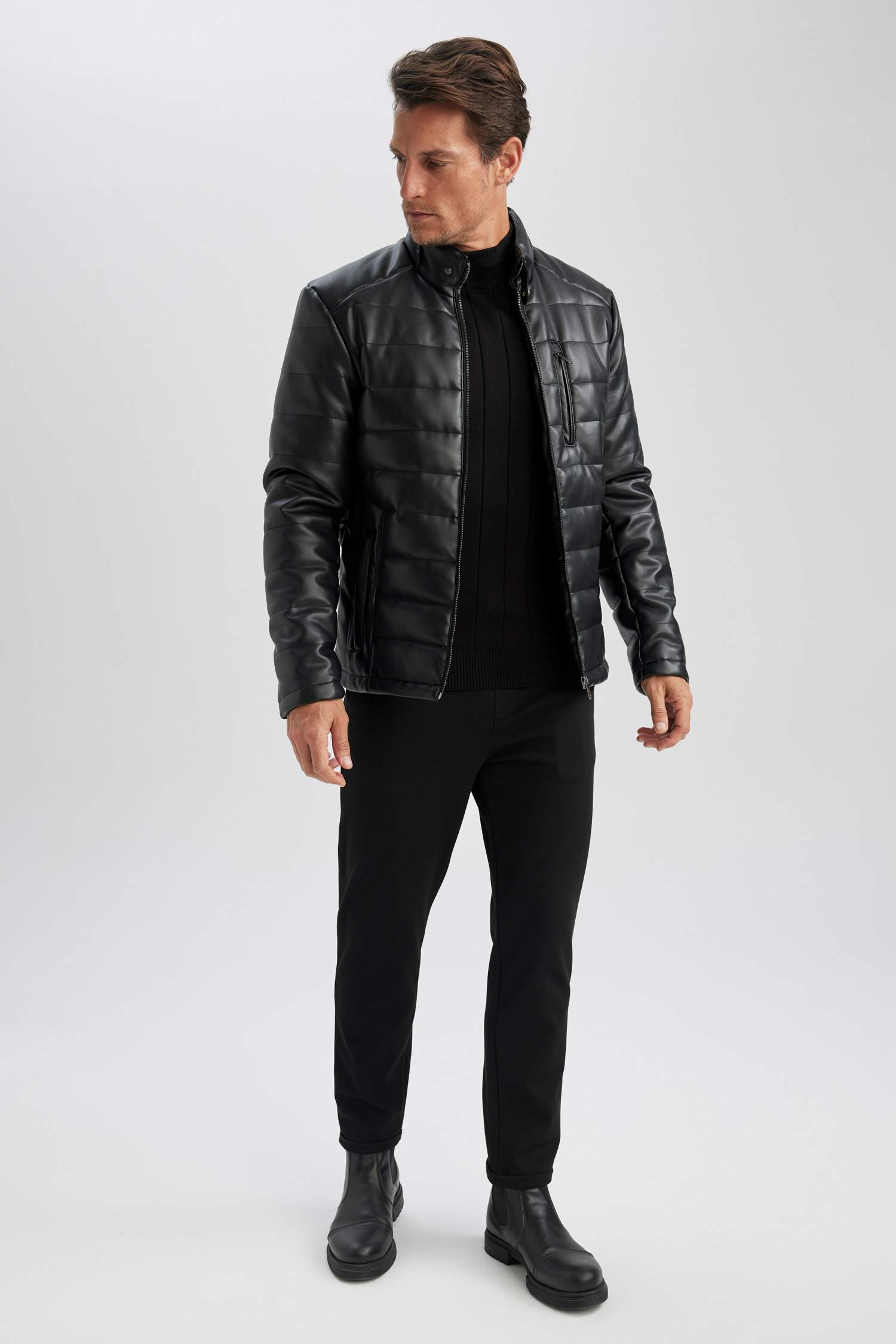 Slim Fit Stand Collar Lined Faux Leather Jacket