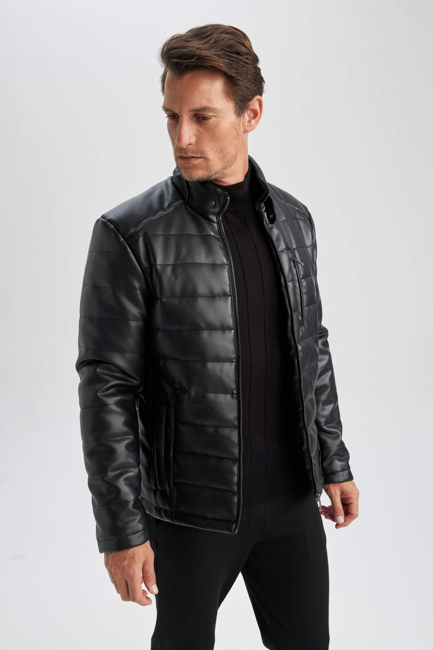 Slim Fit Stand Collar Lined Faux Leather Jacket