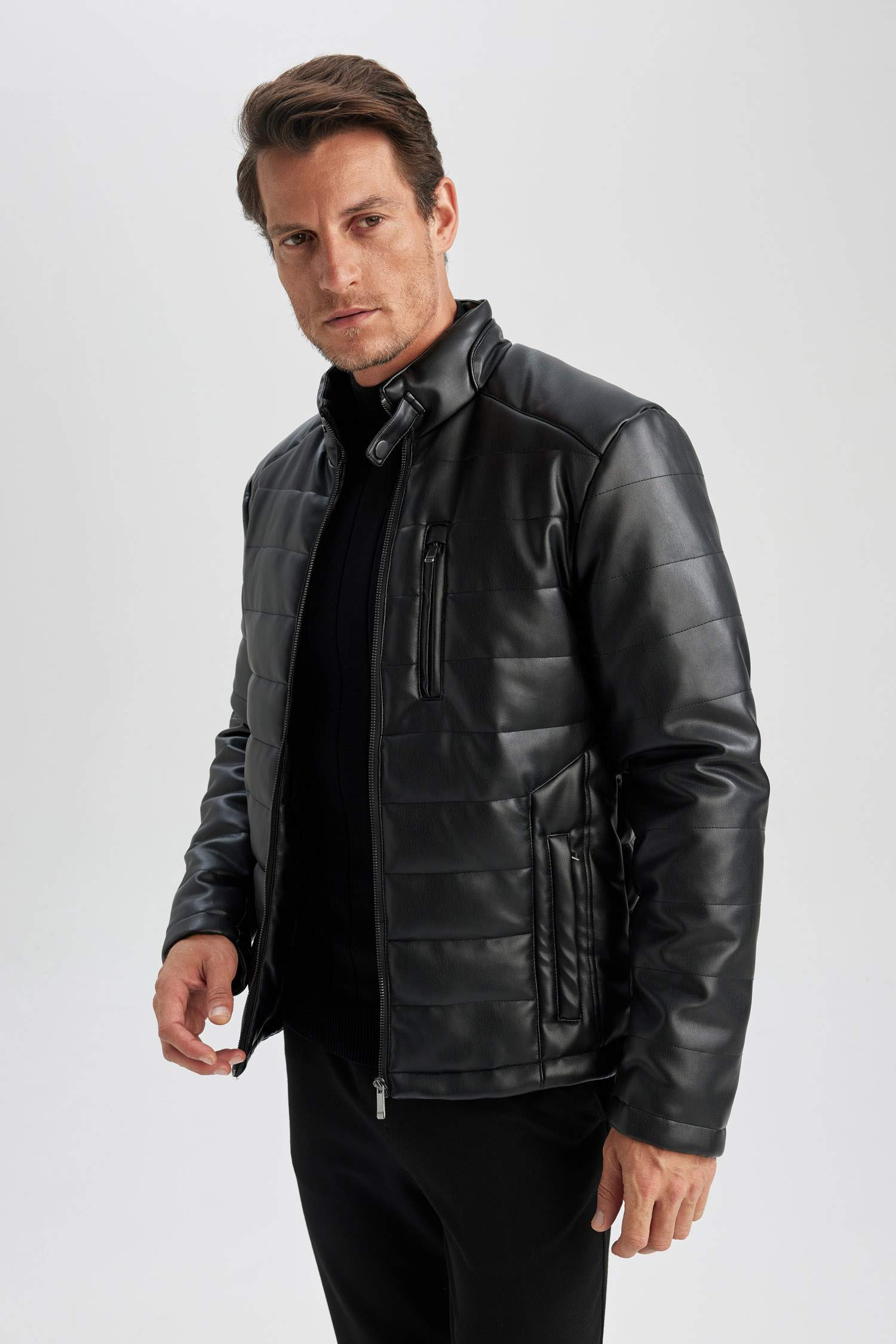 Slim Fit Stand Collar Lined Faux Leather Jacket