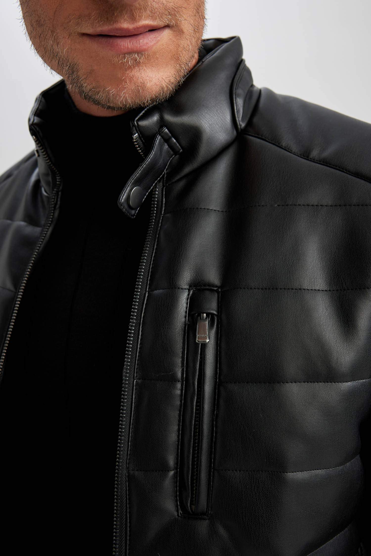 Slim Fit Stand Collar Lined Faux Leather Jacket