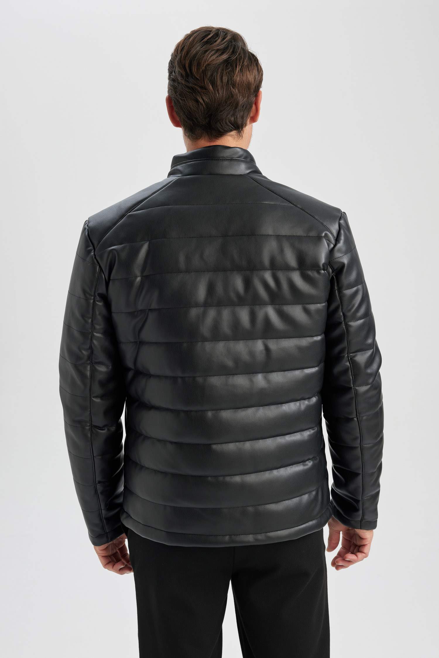Slim Fit Stand Collar Lined Faux Leather Jacket