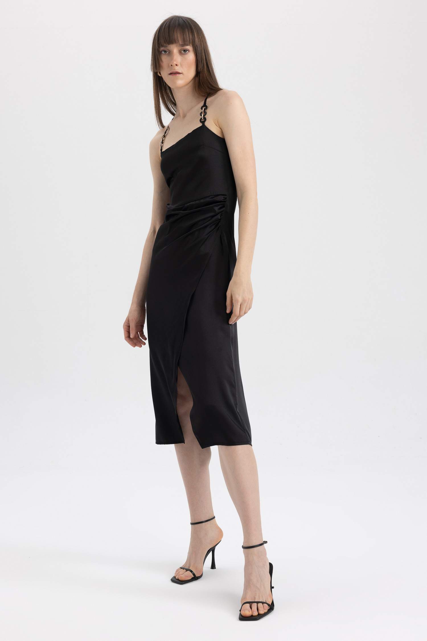 Square Neck Satin Sleeveless Midi Dress