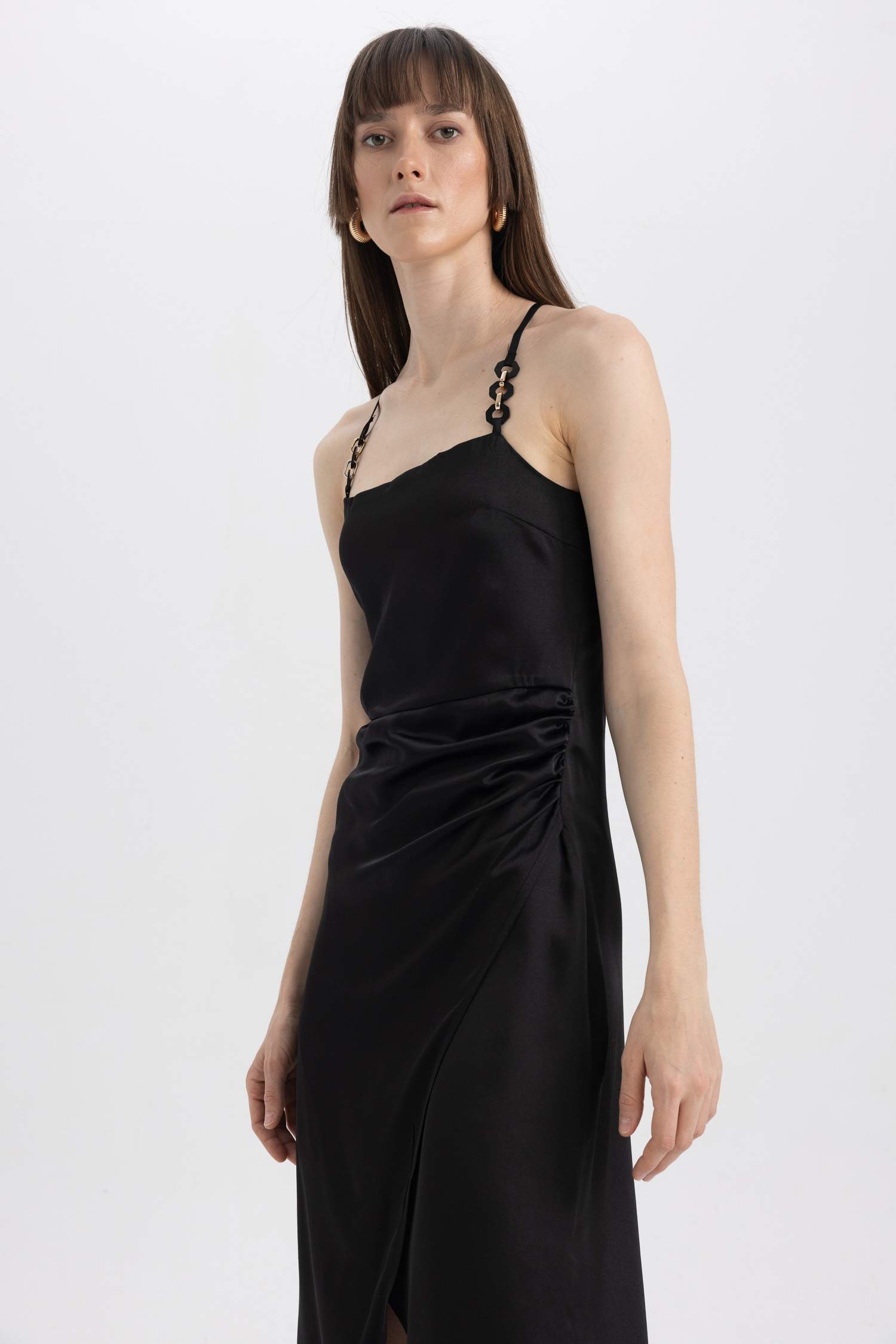 Square Neck Satin Sleeveless Midi Dress