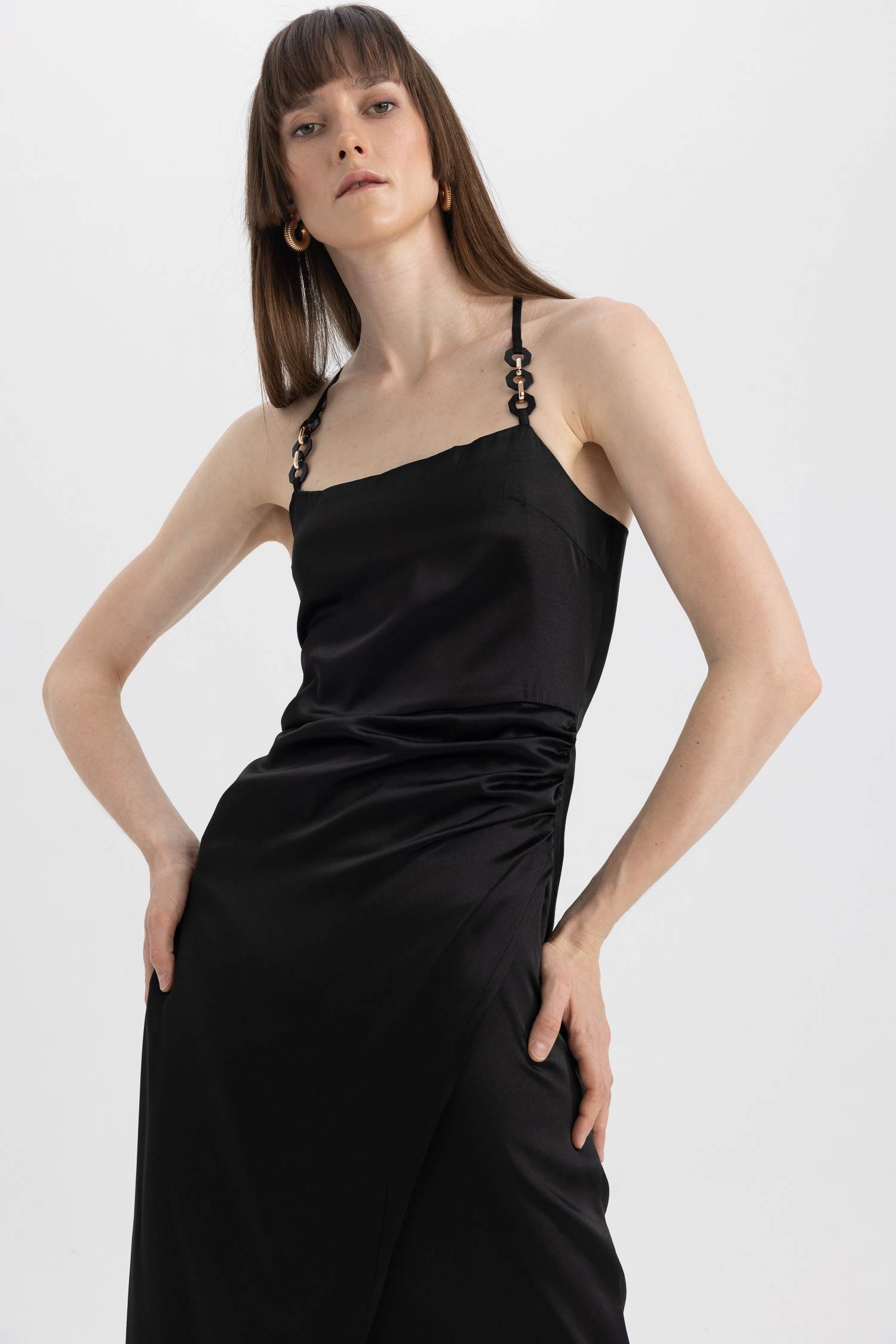 Square Neck Satin Sleeveless Midi Dress