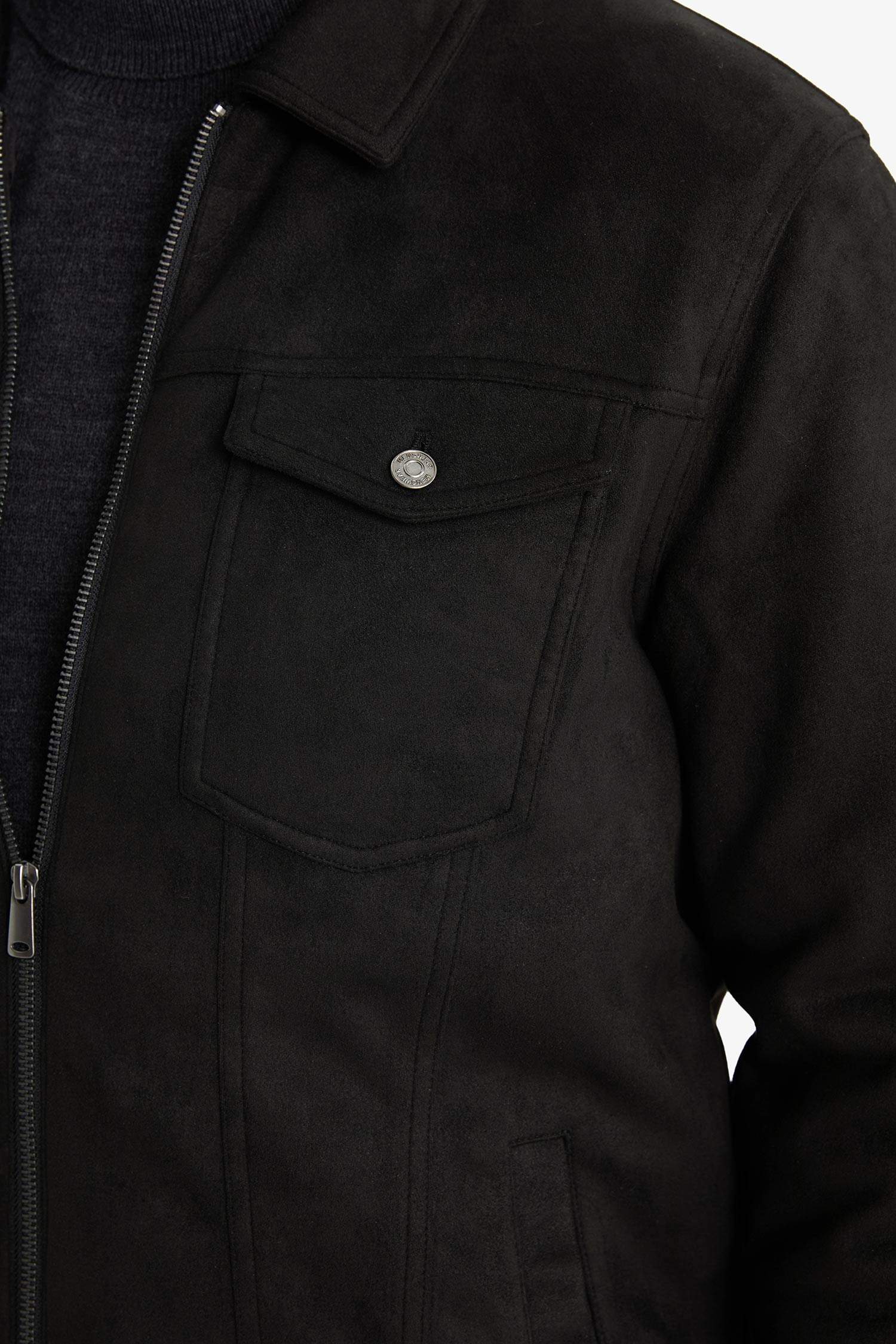 Slim Fit Shirt Collar Zippered Suede Jacket