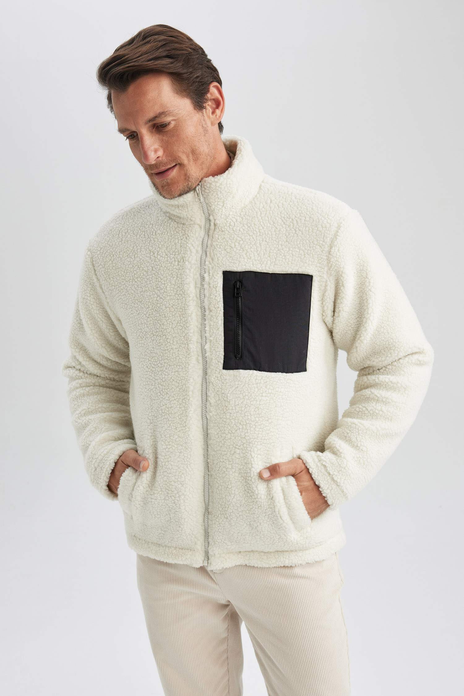 Slim Fit Dar Kesim Dik Yaka Fermuarlı Cepli Pelüş Mont