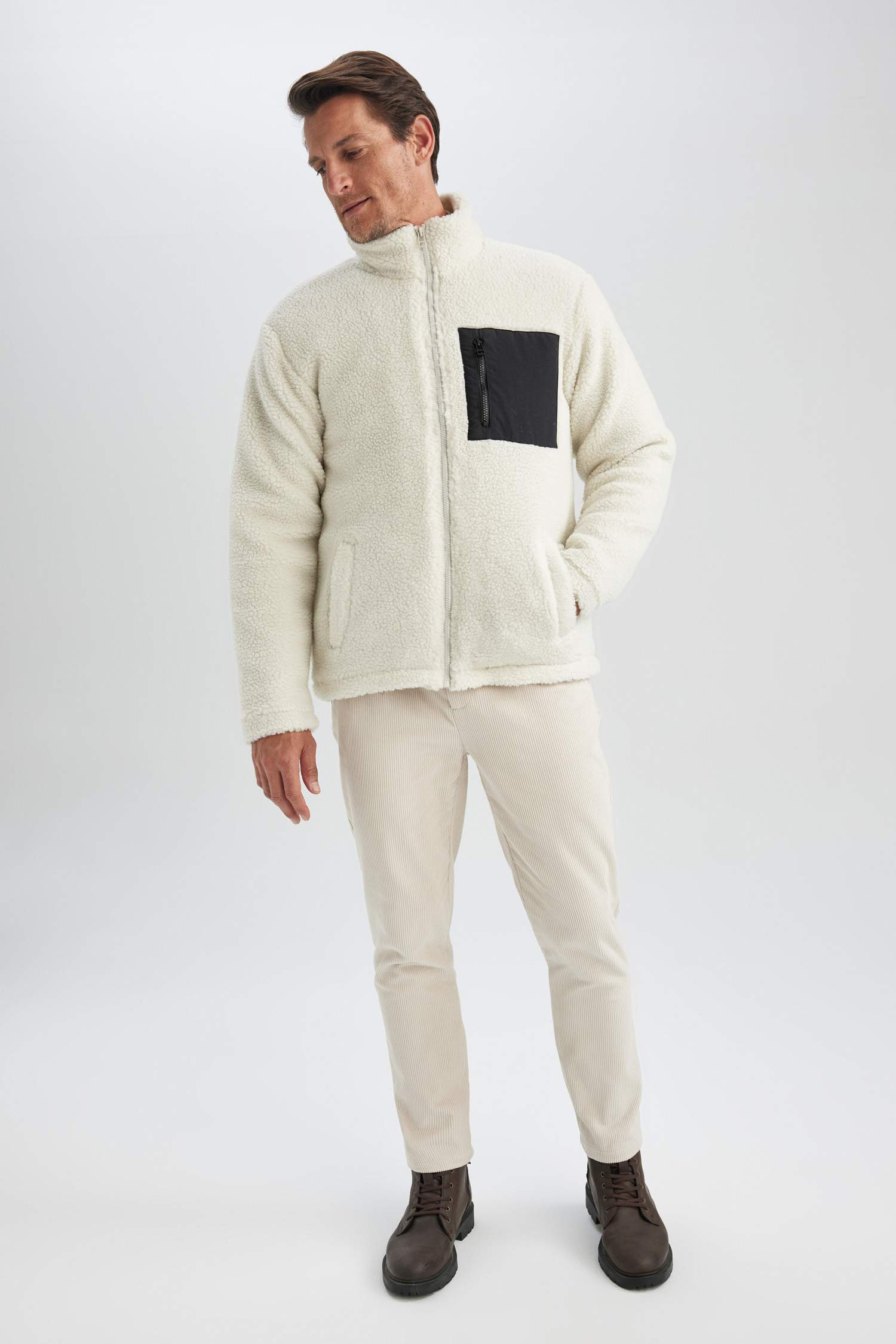 Slim Fit Dar Kesim Dik Yaka Fermuarlı Cepli Pelüş Mont