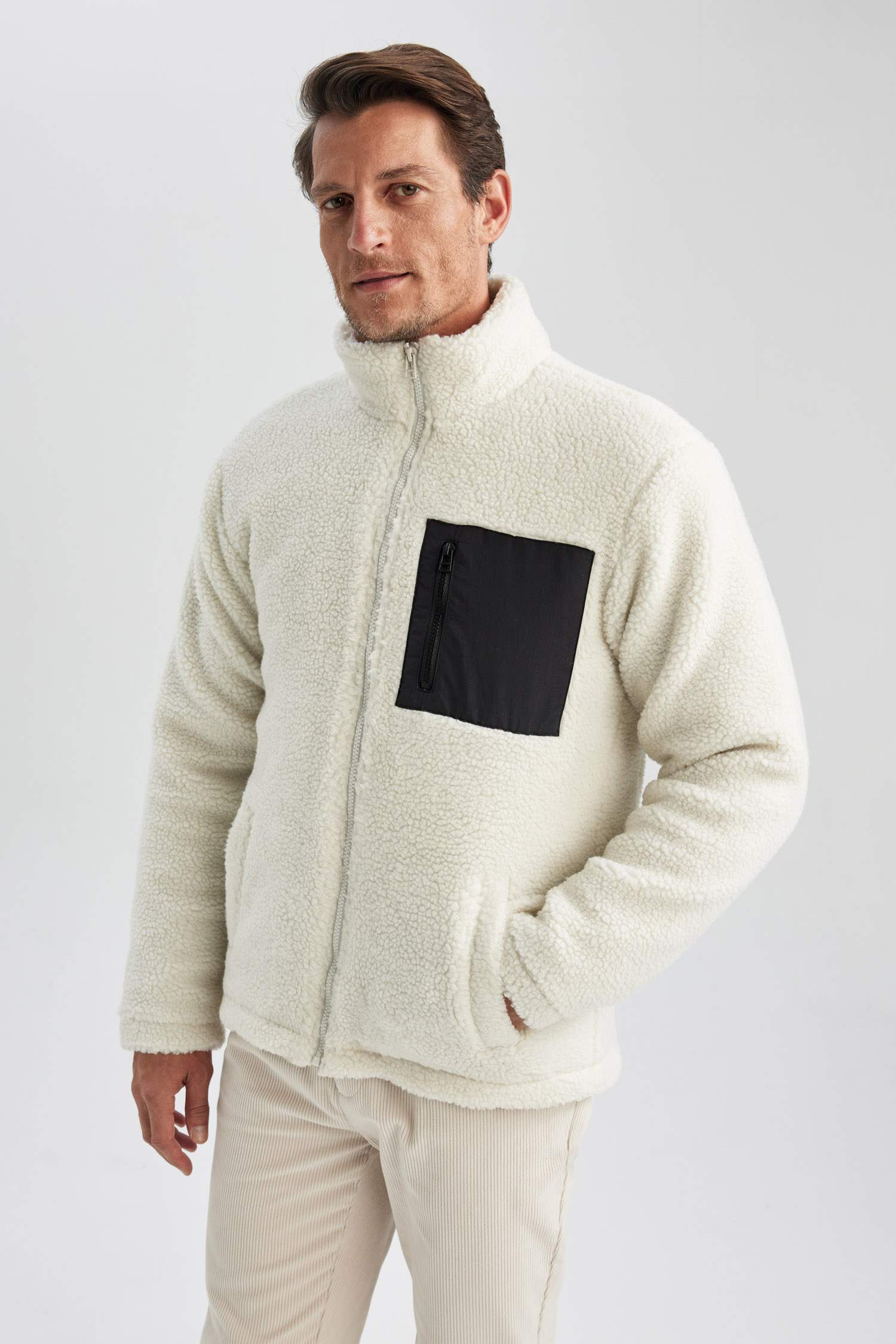 Slim Fit Dar Kesim Dik Yaka Fermuarlı Cepli Pelüş Mont