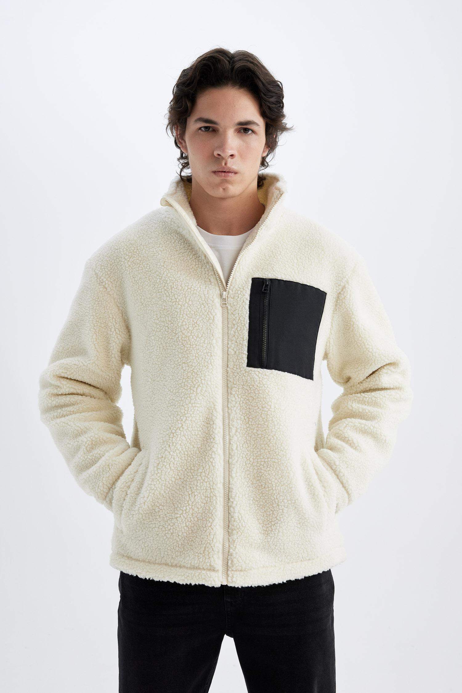 Slim Fit Dar Kesim Dik Yaka Fermuarlı Cepli Pelüş Mont