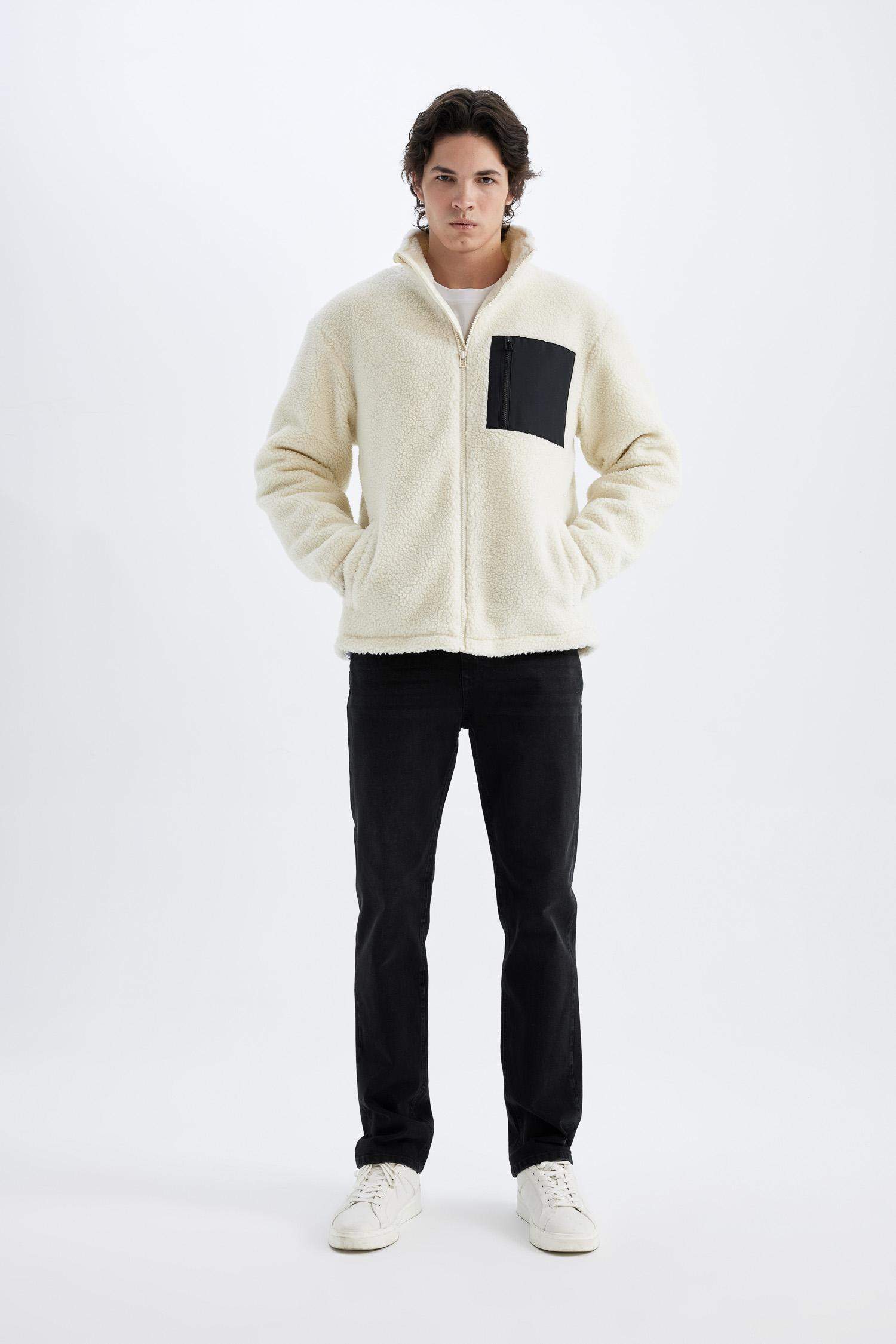 Slim Fit Dar Kesim Dik Yaka Fermuarlı Cepli Pelüş Mont