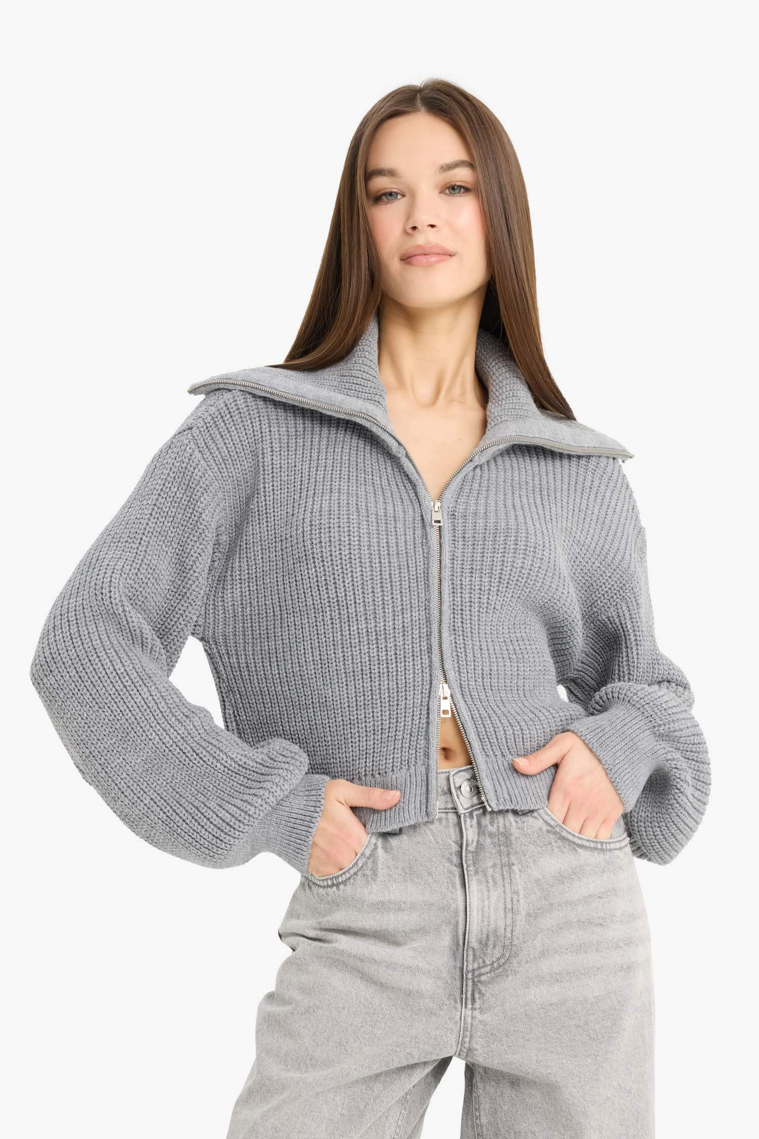 Slim Fit Dar Kesim Polo Yaka Fermuarlı Triko Hırka