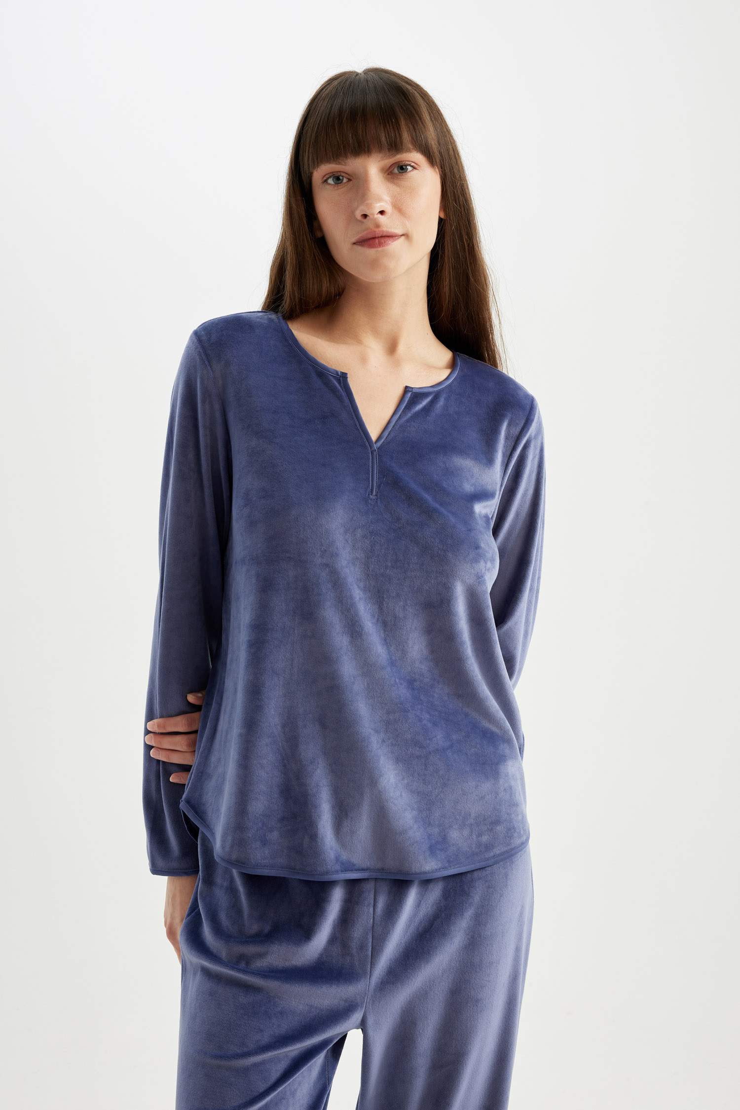 Pijama Takım V Yaka Velur Uzun Kollu Üst Uzun Alt