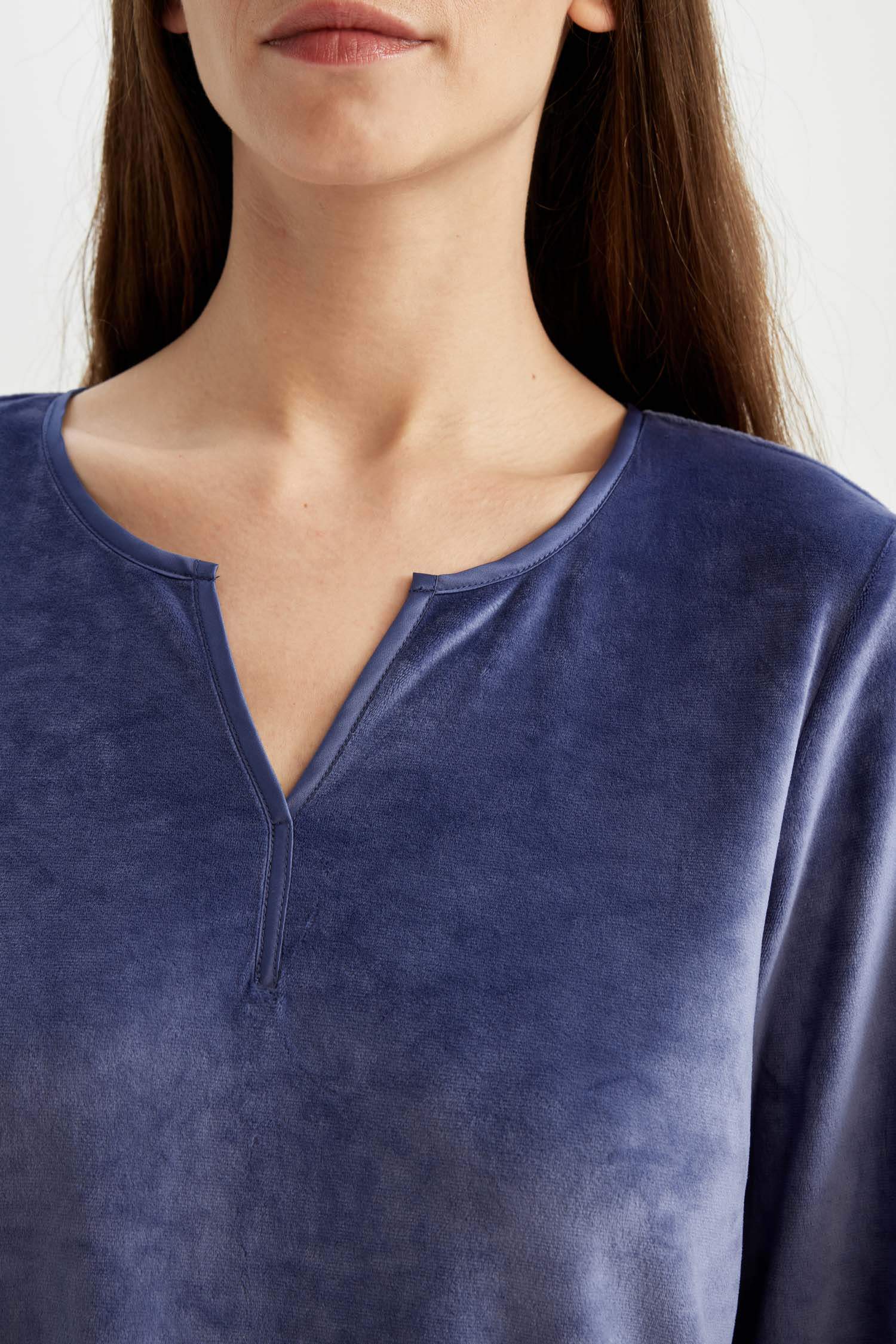 Pijama Takım V Yaka Velur Uzun Kollu Üst Uzun Alt