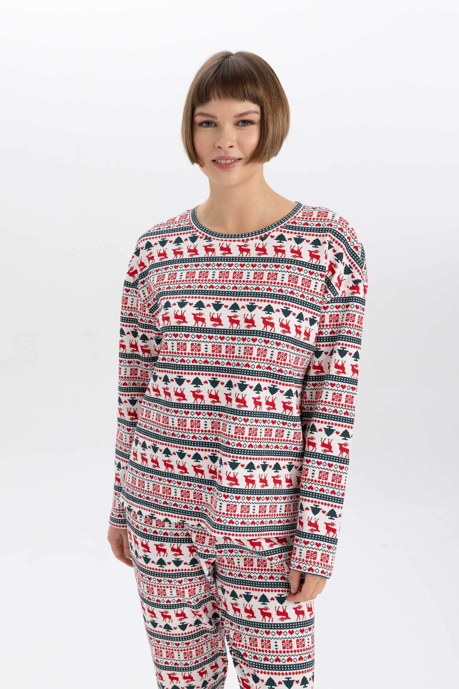 Yılbaşı Temalı Bisiklet Yaka Uzun Kollu Pijama Üstü