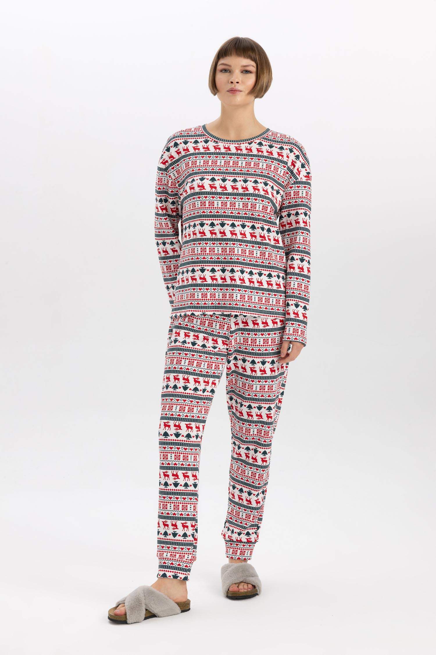 Yılbaşı Temalı Bisiklet Yaka Uzun Kollu Pijama Üstü