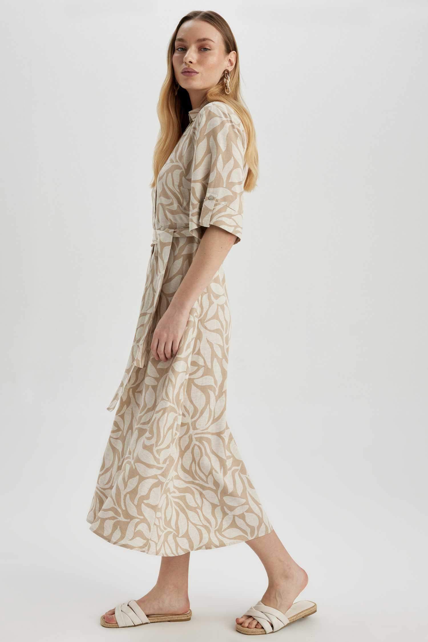 Shirt Collar Patterned Short Sleeve Linen Blend Midi Dress