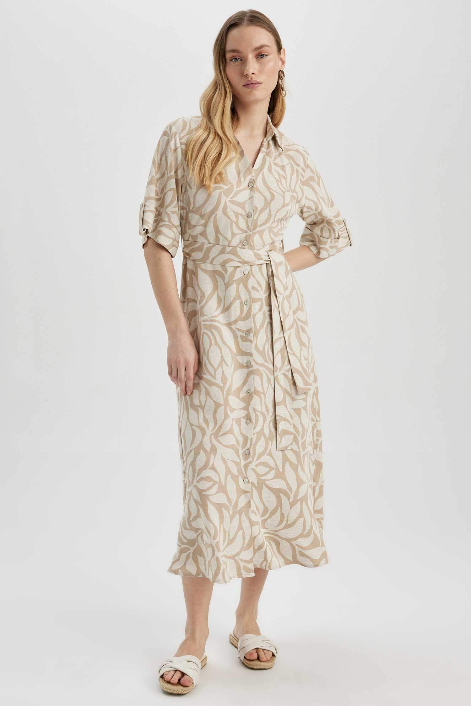 Shirt Collar Patterned Short Sleeve Linen Blend Midi Dress