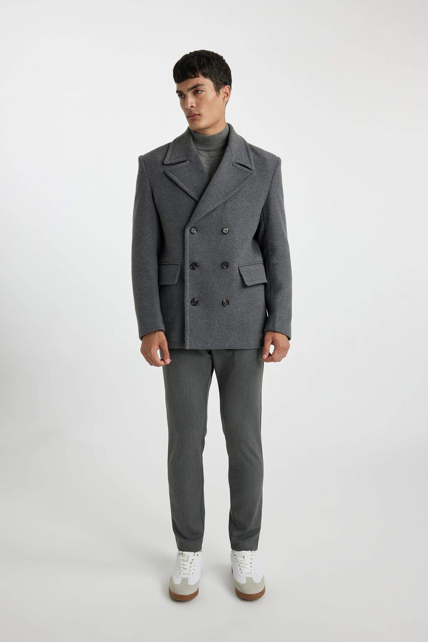 Slim Fit  Dar Kesim Smokin Yaka Düğmeli Astarlı Kaban Parka