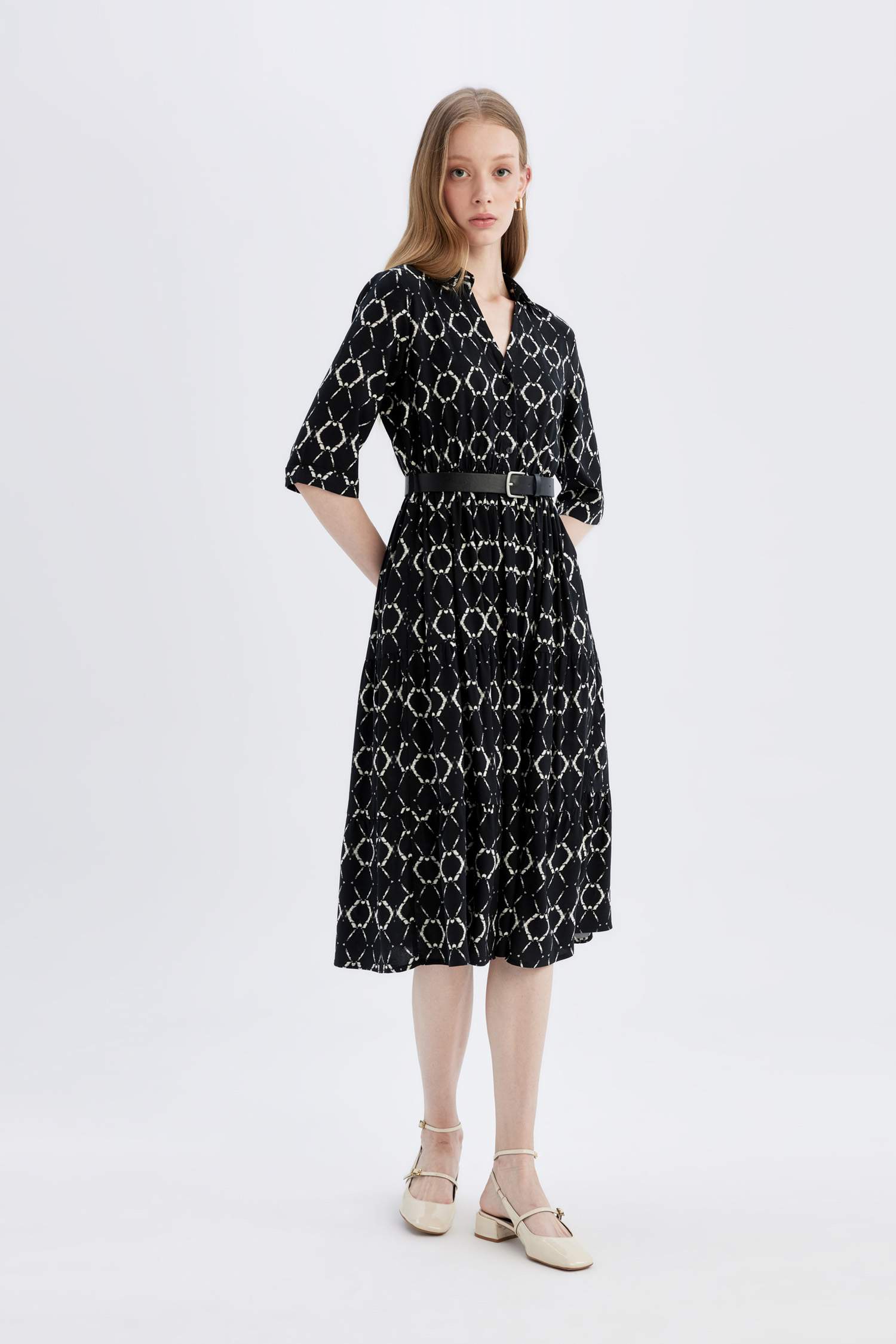 Shirt Collar Floral Half Sleeve Midi Dress