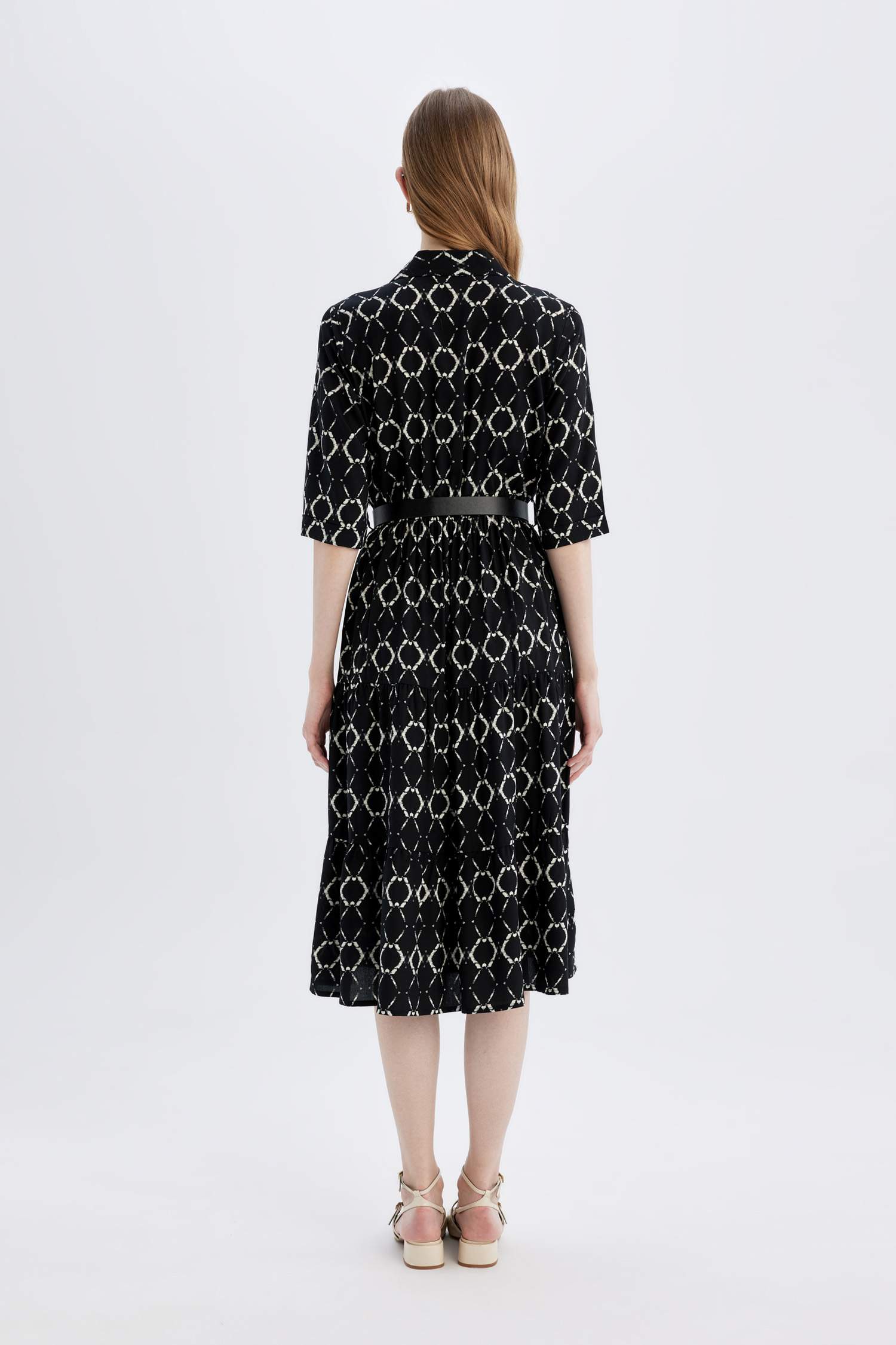 Shirt Collar Floral Half Sleeve Midi Dress