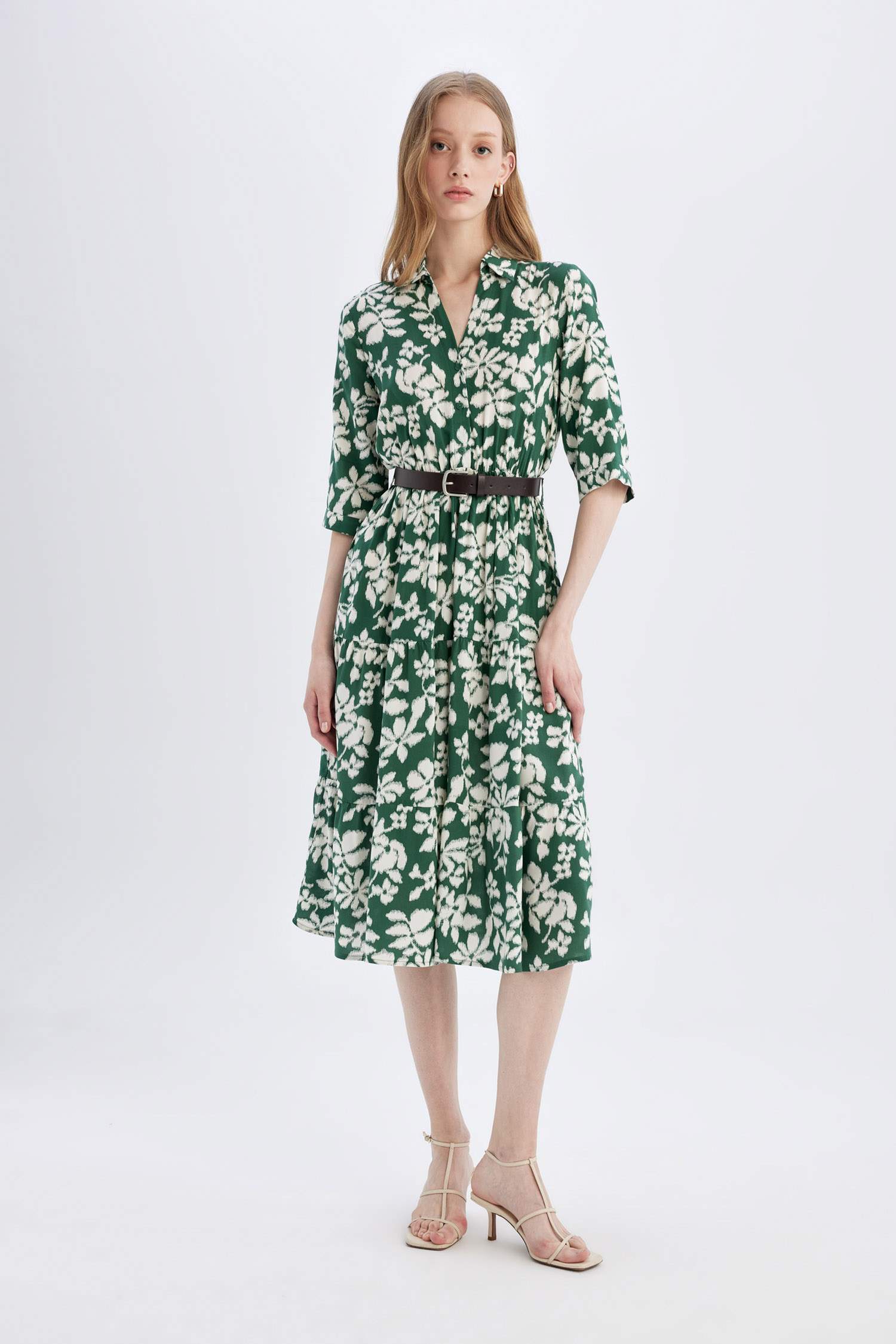 Shirt Collar Half Sleeve Floral Midi Dress